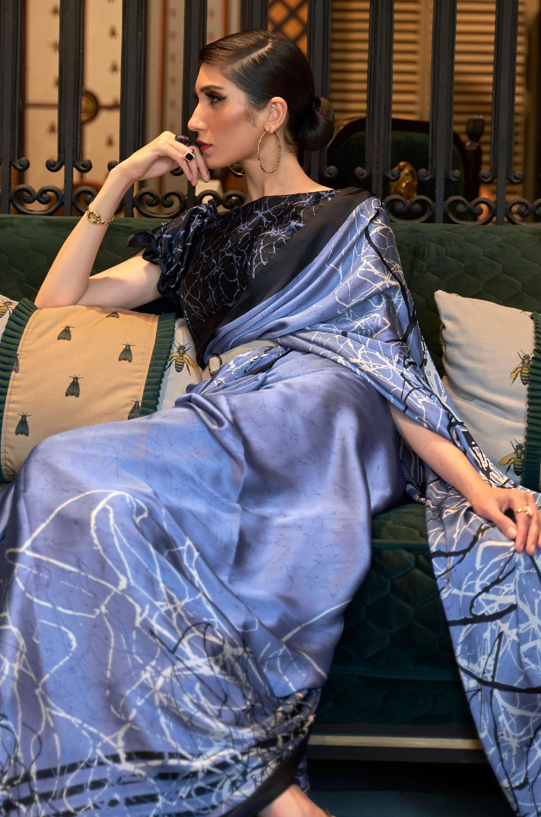 Blue Satin Crepe Saree - Image 5