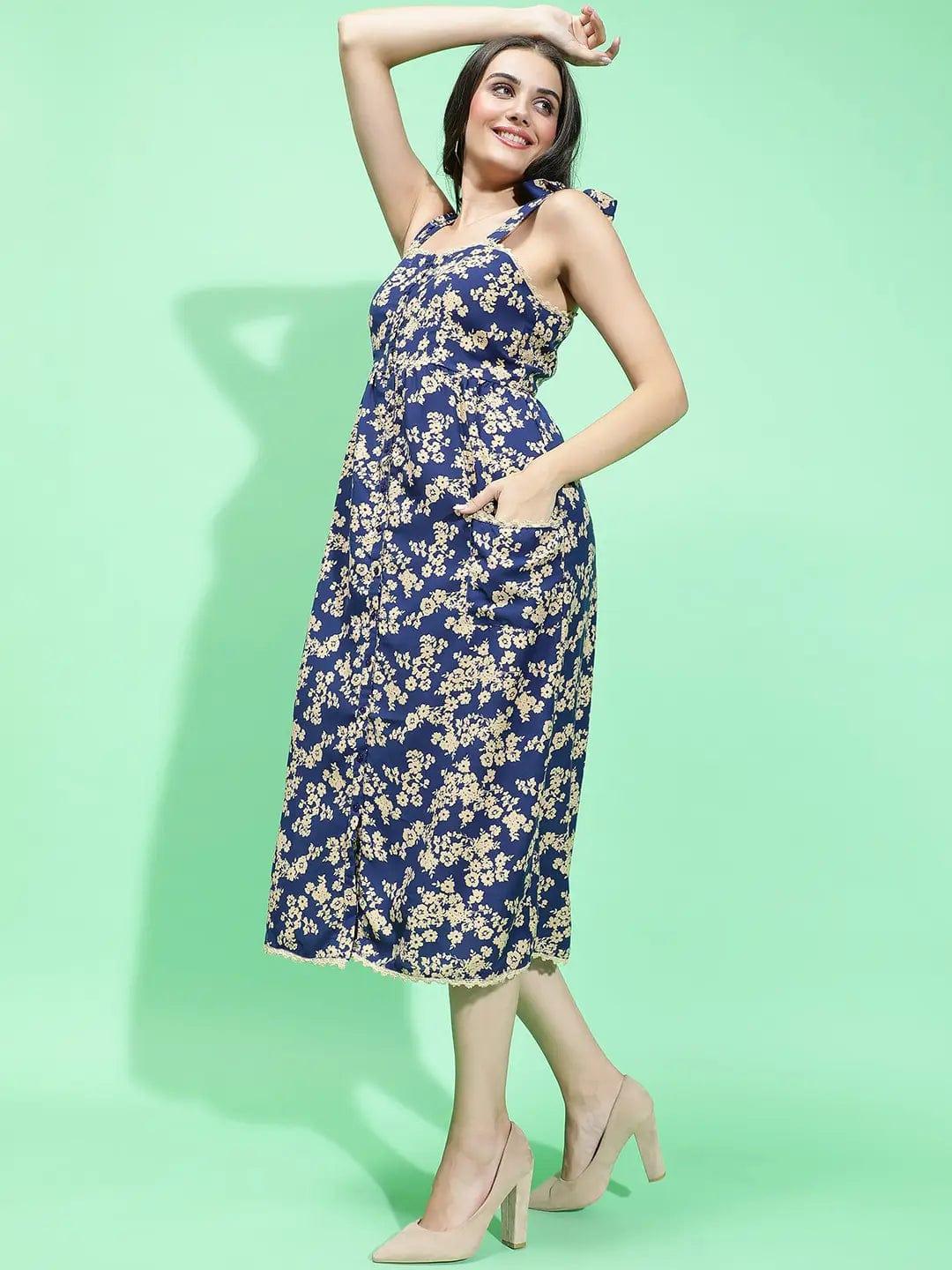 Blue Sleeveless Floral Print Shoulder Strap Women Dress - Image 3