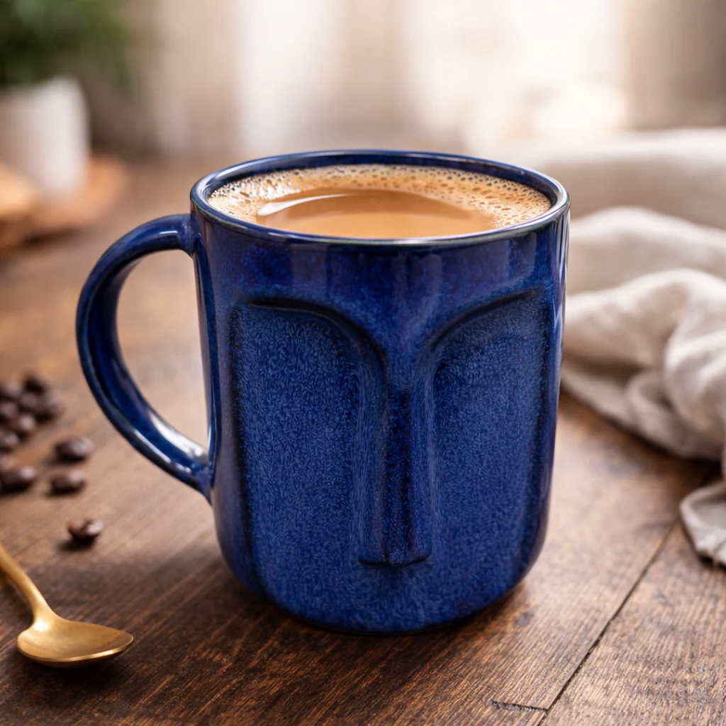 Blue Stone Face Ceramic Coffee Mug | Sculpted Stoneware Mug with Handle | Set of 1 - Image 2