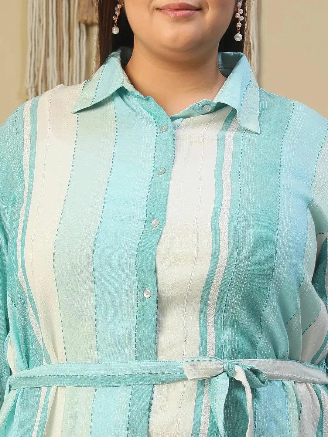 Blue Stripe Print Collared Button Down With Waist Belt Plus Size Women Yarn Dyed Cotton Dobby Dress - Image 6