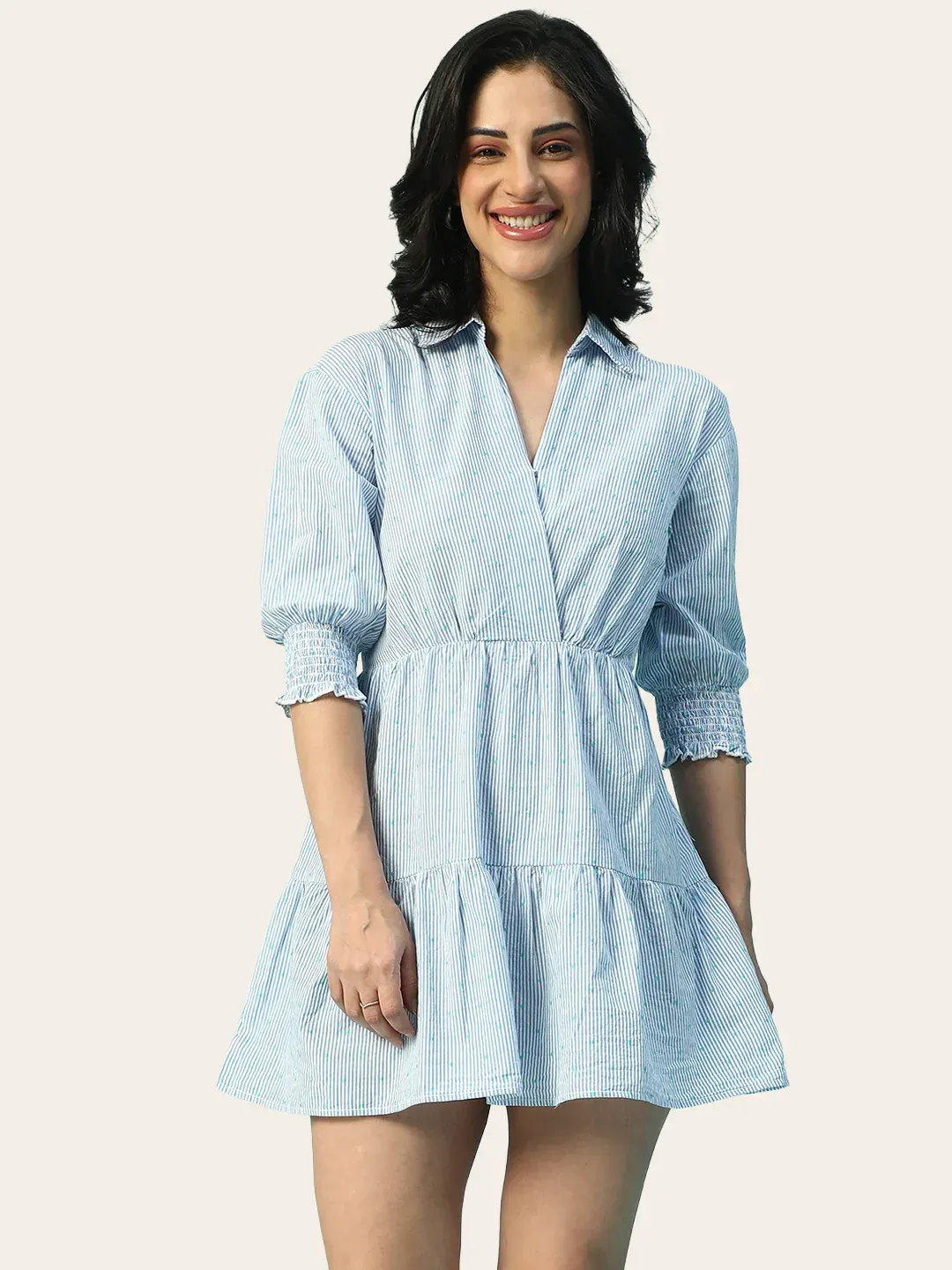 Blue Stripe Print Elasticated Cotton Dobby Women Dress