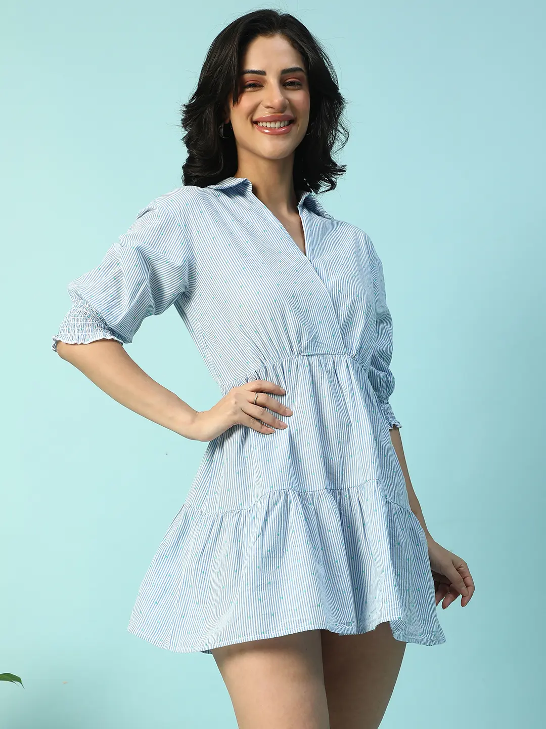 Blue Stripe Print Elasticated Cotton Dobby Women Dress - Image 6
