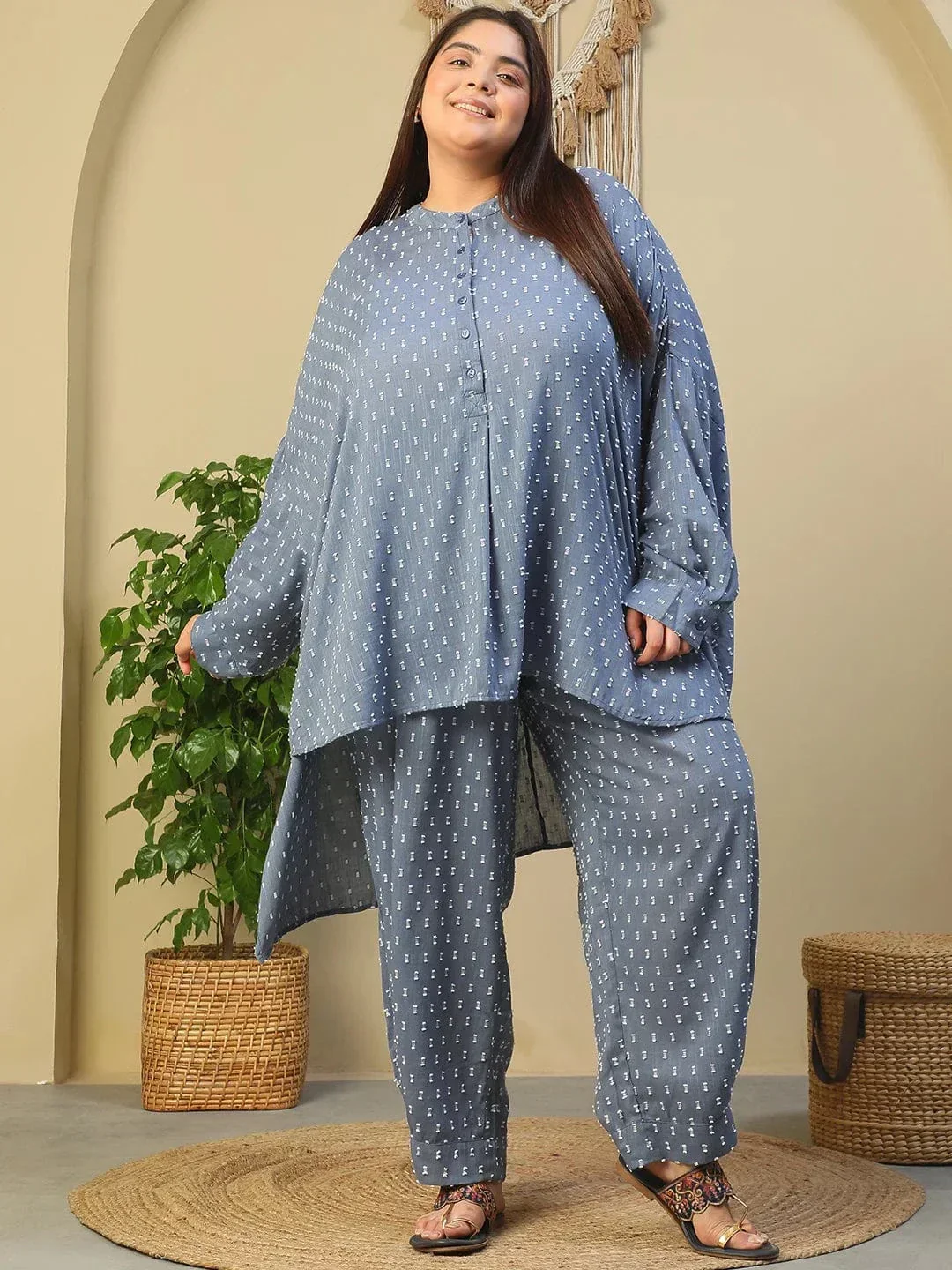 Blue Stripe Print High Low Hem Tunic & Trouser Dobby Textured Plus Size Women Co-Ord Set - Image 8