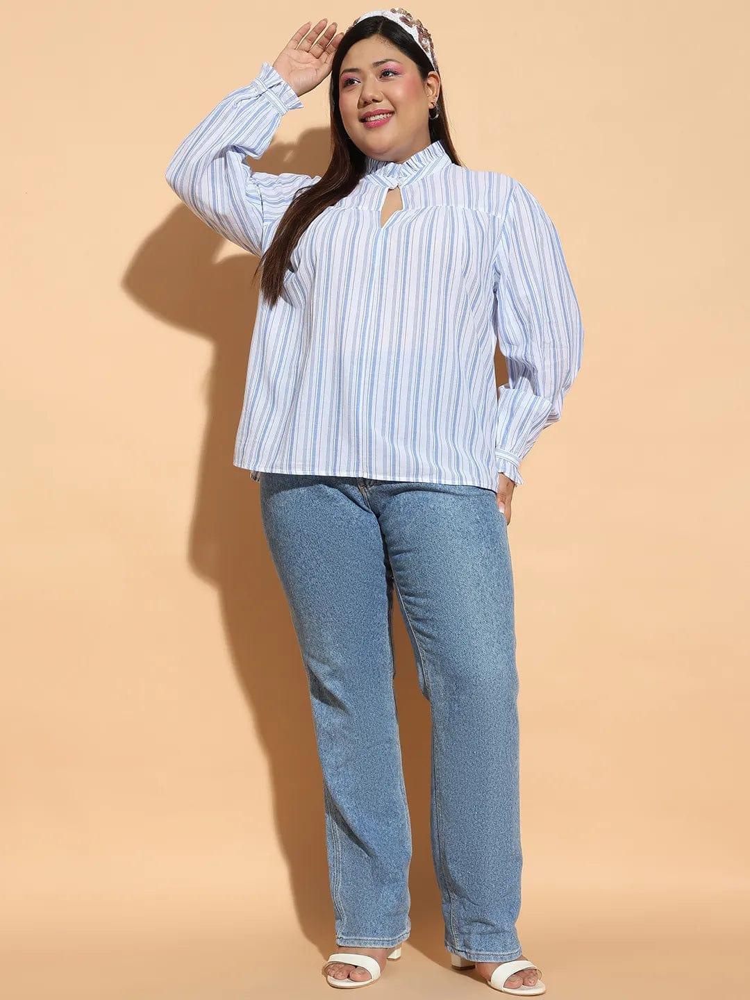 Blue Stripe Print Round Neck With Button & Keyhole Dobby Meld Plus Size Cotton Loopy Top - Image 2