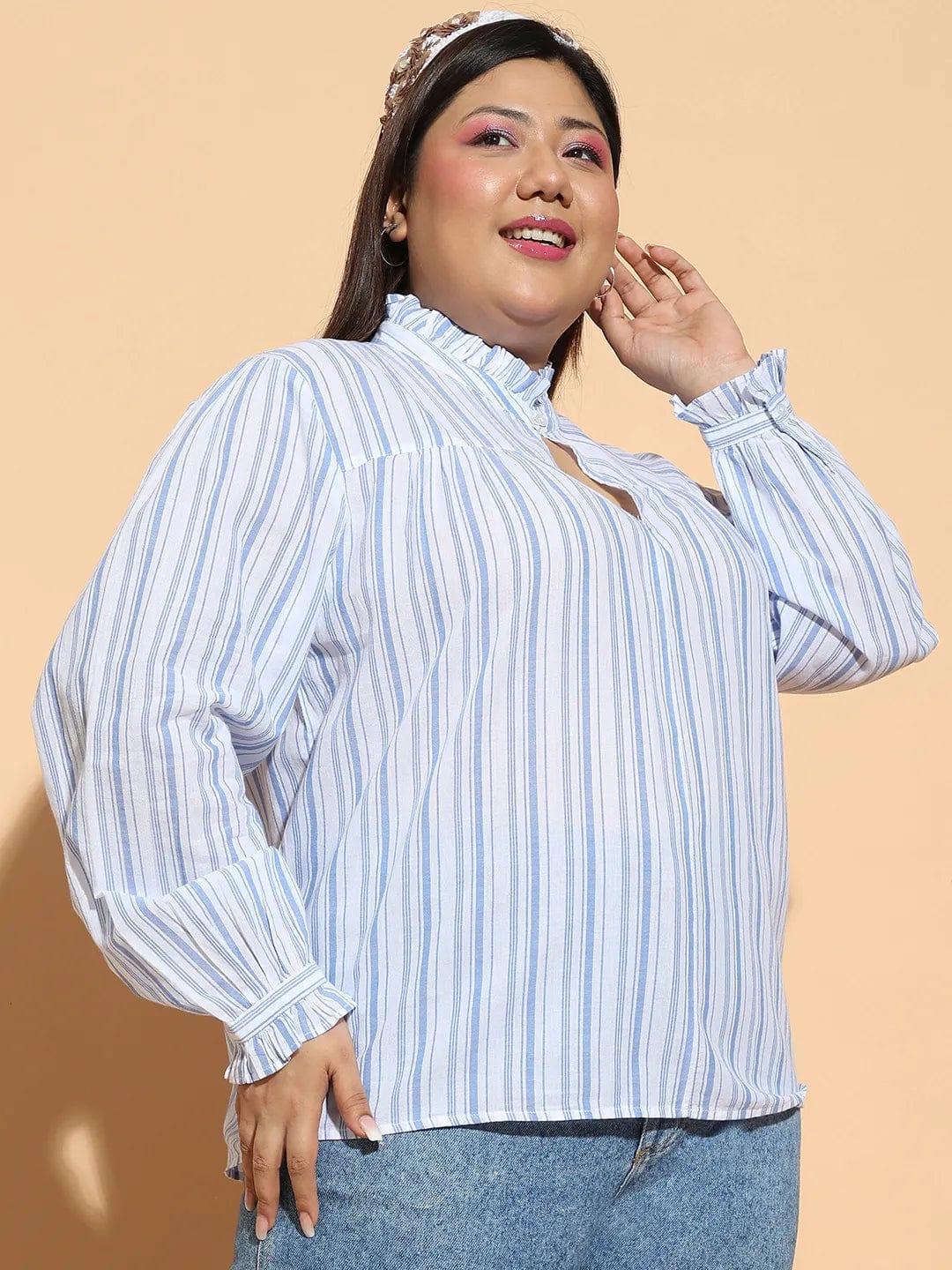 Blue Stripe Print Round Neck With Button & Keyhole Dobby Meld Plus Size Cotton Loopy Top - Image 4