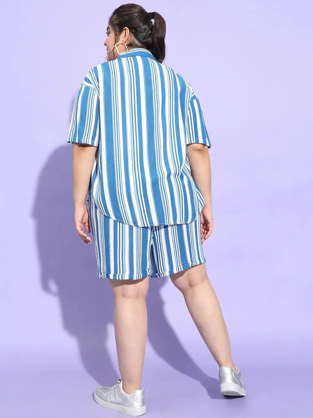 Blue Stripe Print Shirt and Shorts Plus Size Co-Ord Set - Image 5