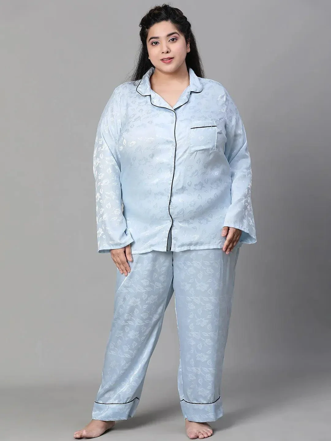 Blue Tactile Print Shirt Pajama Plus Size Co-Ord Set Nightwear Set
