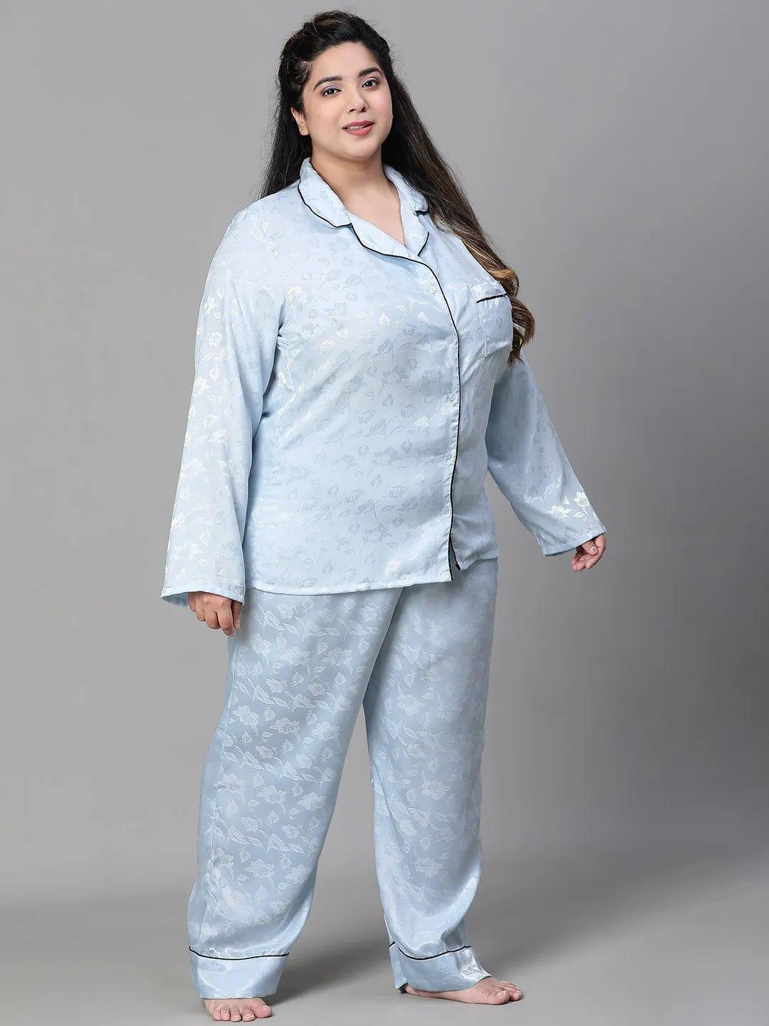 Blue Tactile Print Shirt Pajama Plus Size Co-Ord Set Nightwear Set - Image 4