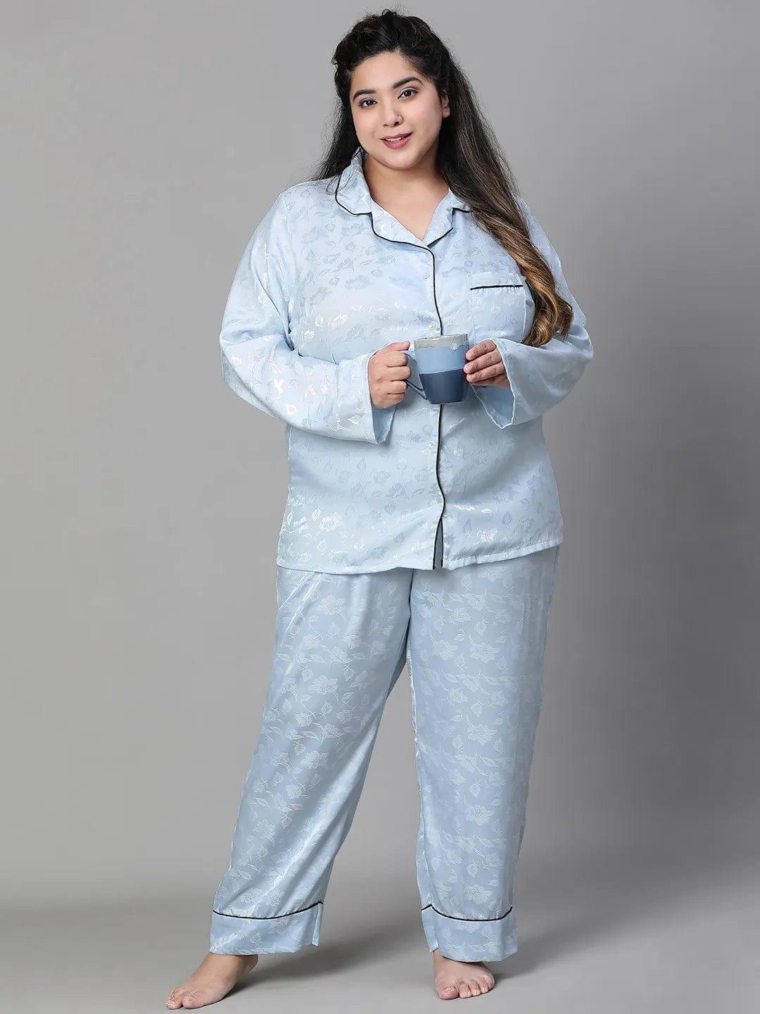 Blue Tactile Print Shirt Pajama Plus Size Co-Ord Set Nightwear Set - Image 8