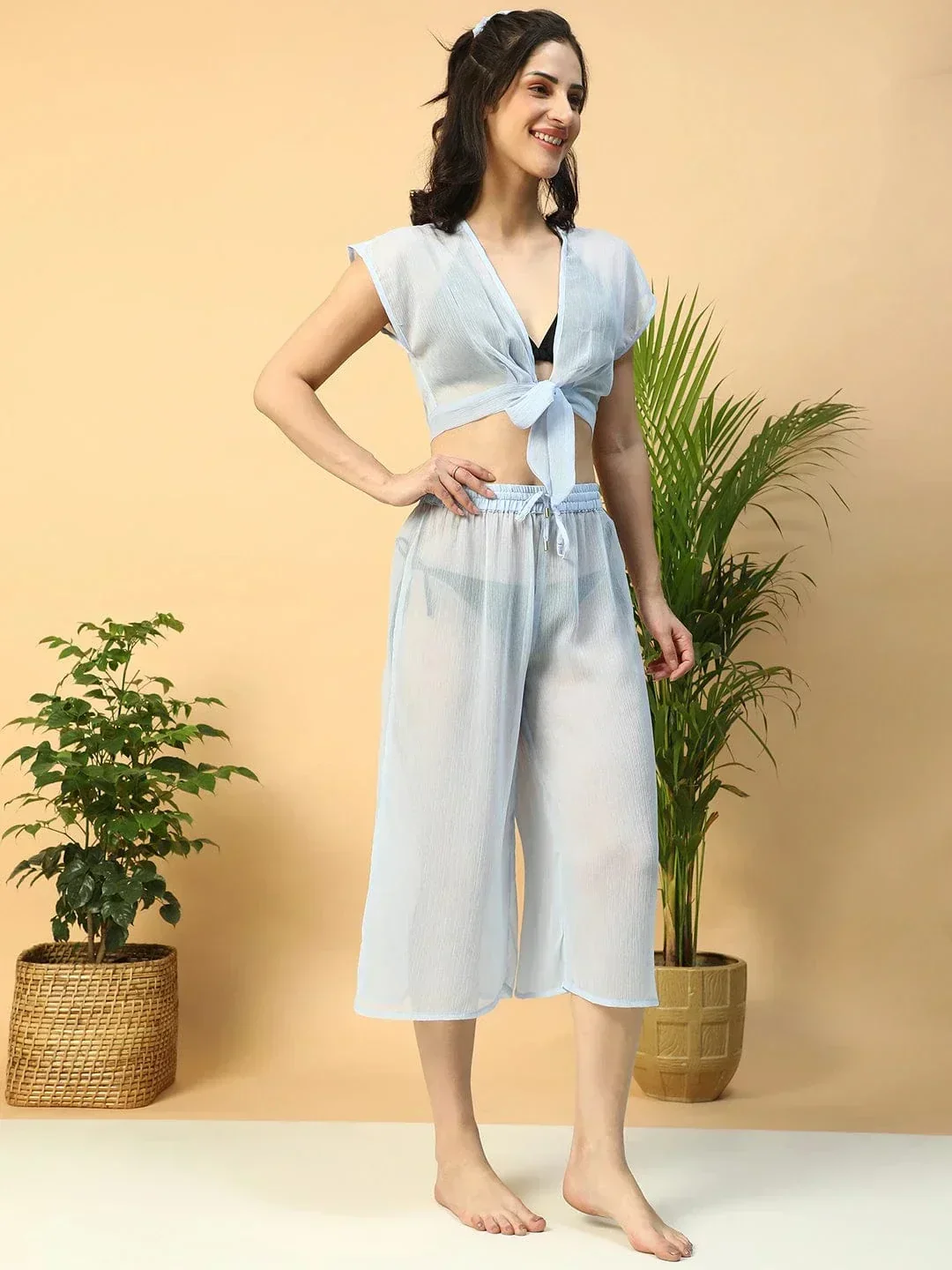 Blue Tie-Knot Top With Elasticated Culottes Women Beachwear Co-Ord Set - Image 3
