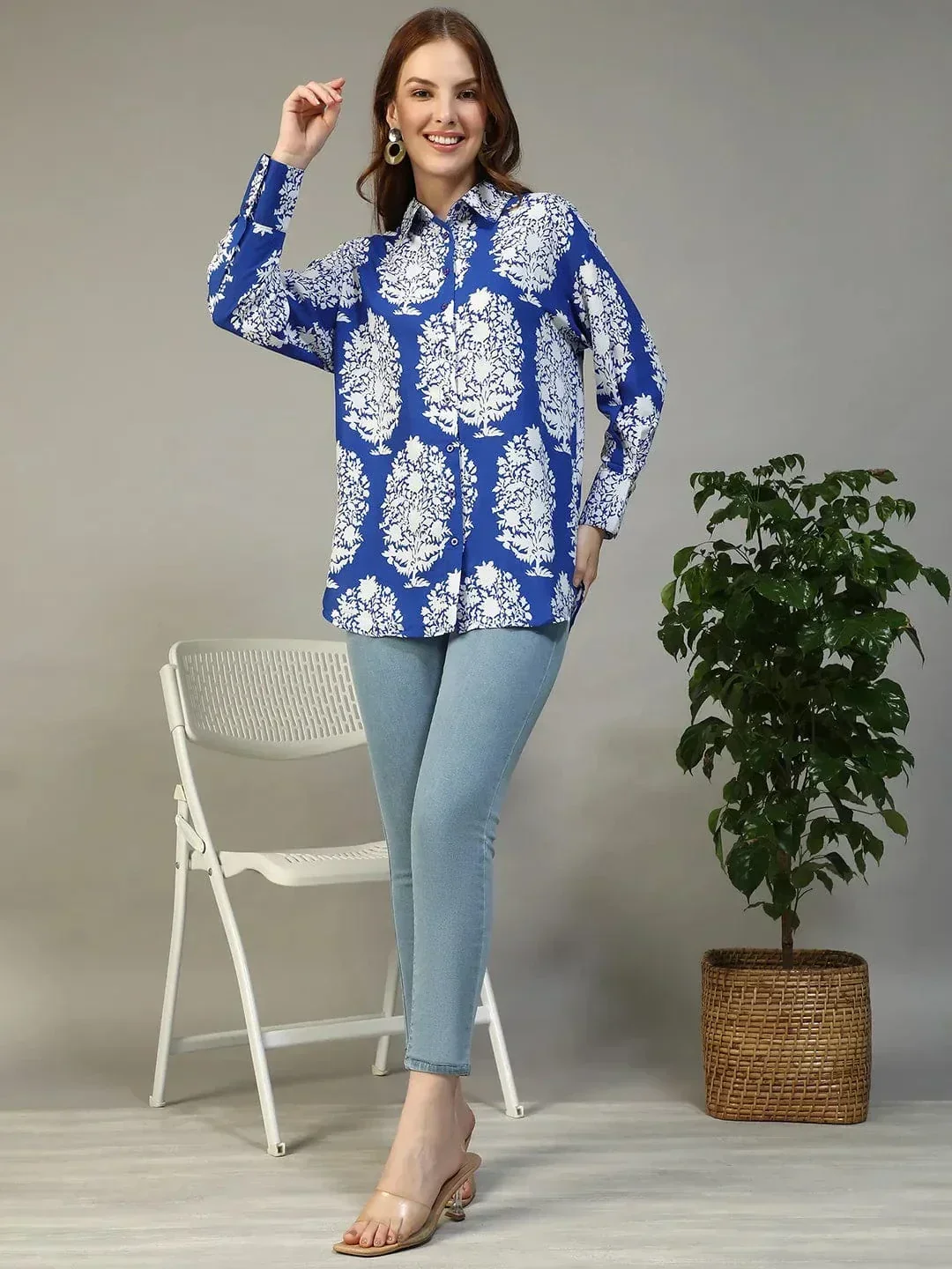 Blue Tropical Print Shirt - Women's Button Down Long Sleeve Collared Blouse - Image 2