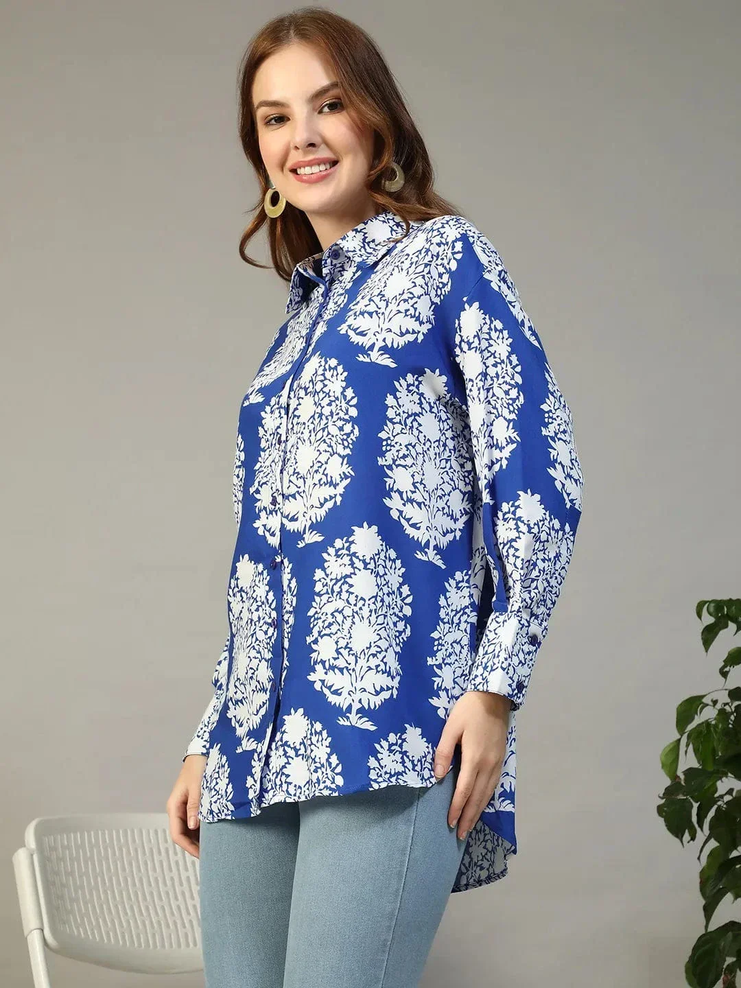 Blue Tropical Print Shirt - Women's Button Down Long Sleeve Collared Blouse - Image 3