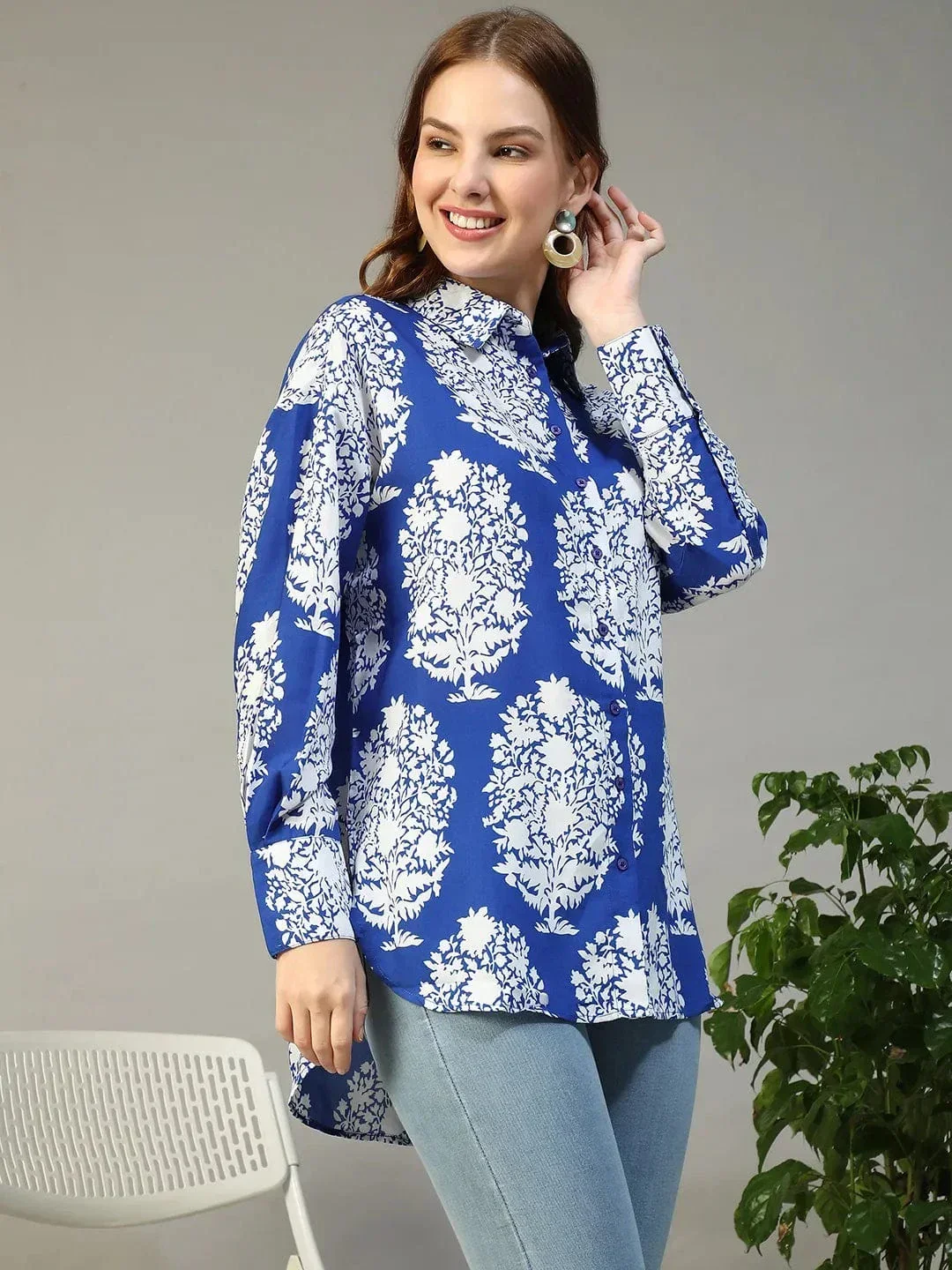 Blue Tropical Print Shirt - Women's Button Down Long Sleeve Collared Blouse - Image 4
