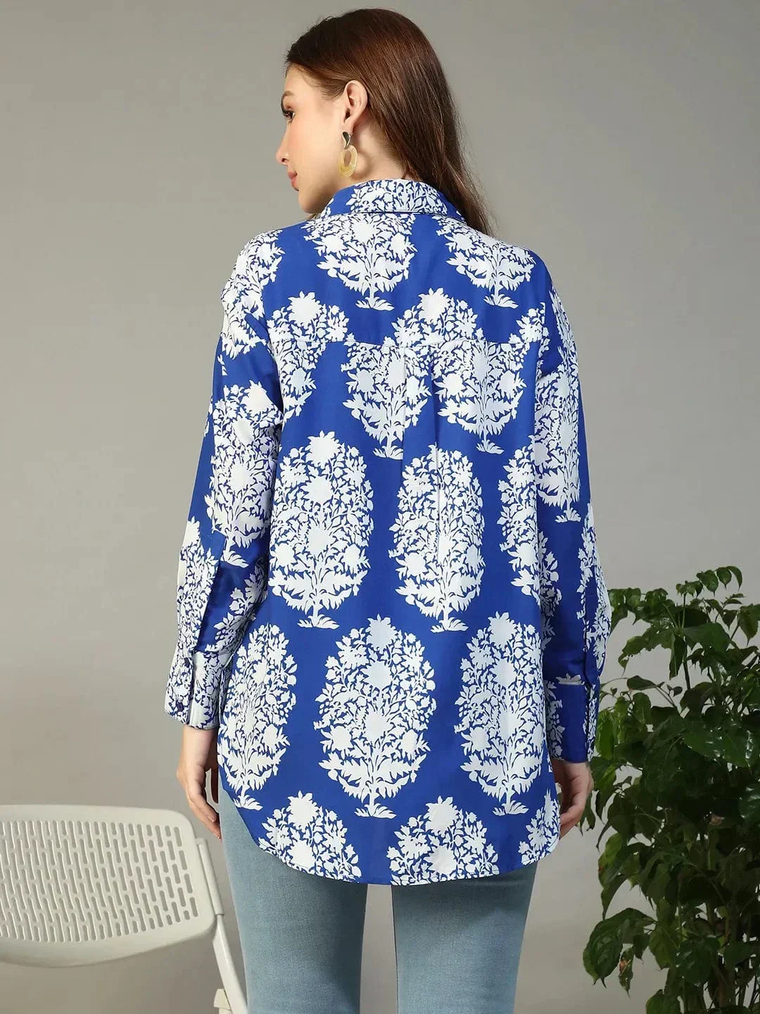 Blue Tropical Print Shirt - Women's Button Down Long Sleeve Collared Blouse - Image 5