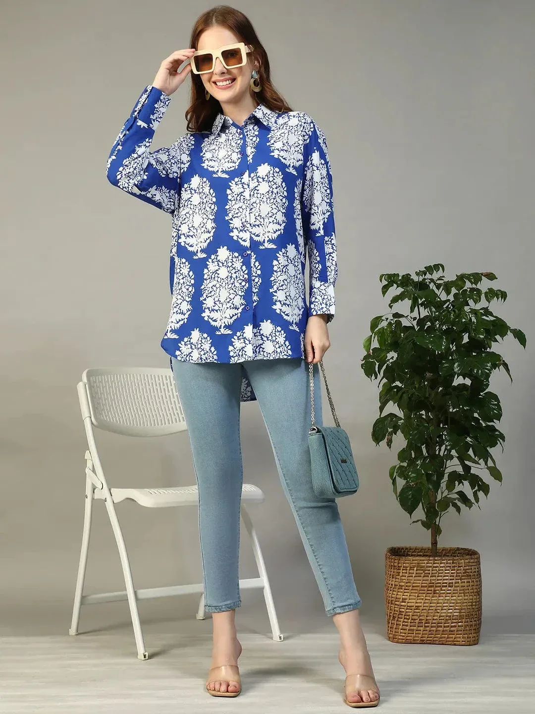 Blue Tropical Print Shirt - Women's Button Down Long Sleeve Collared Blouse - Image 7