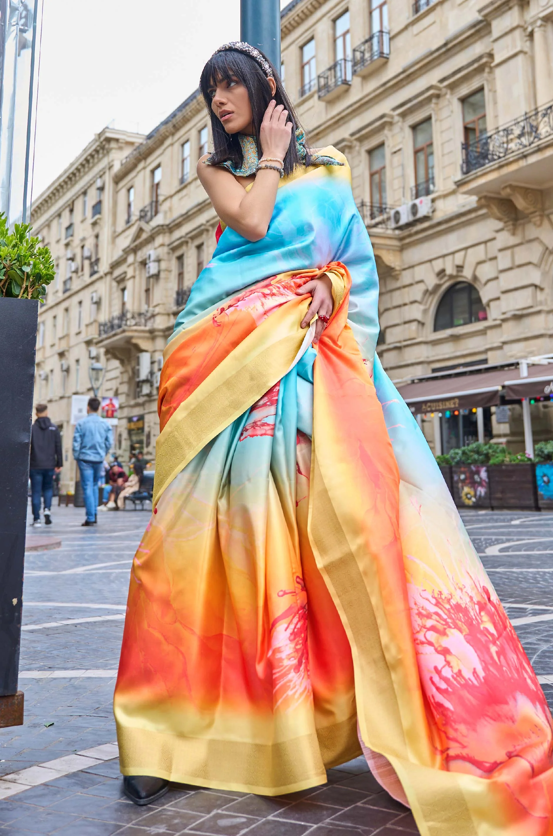 Blue Yellow Fusion Gaji Silk Saree - Image 2