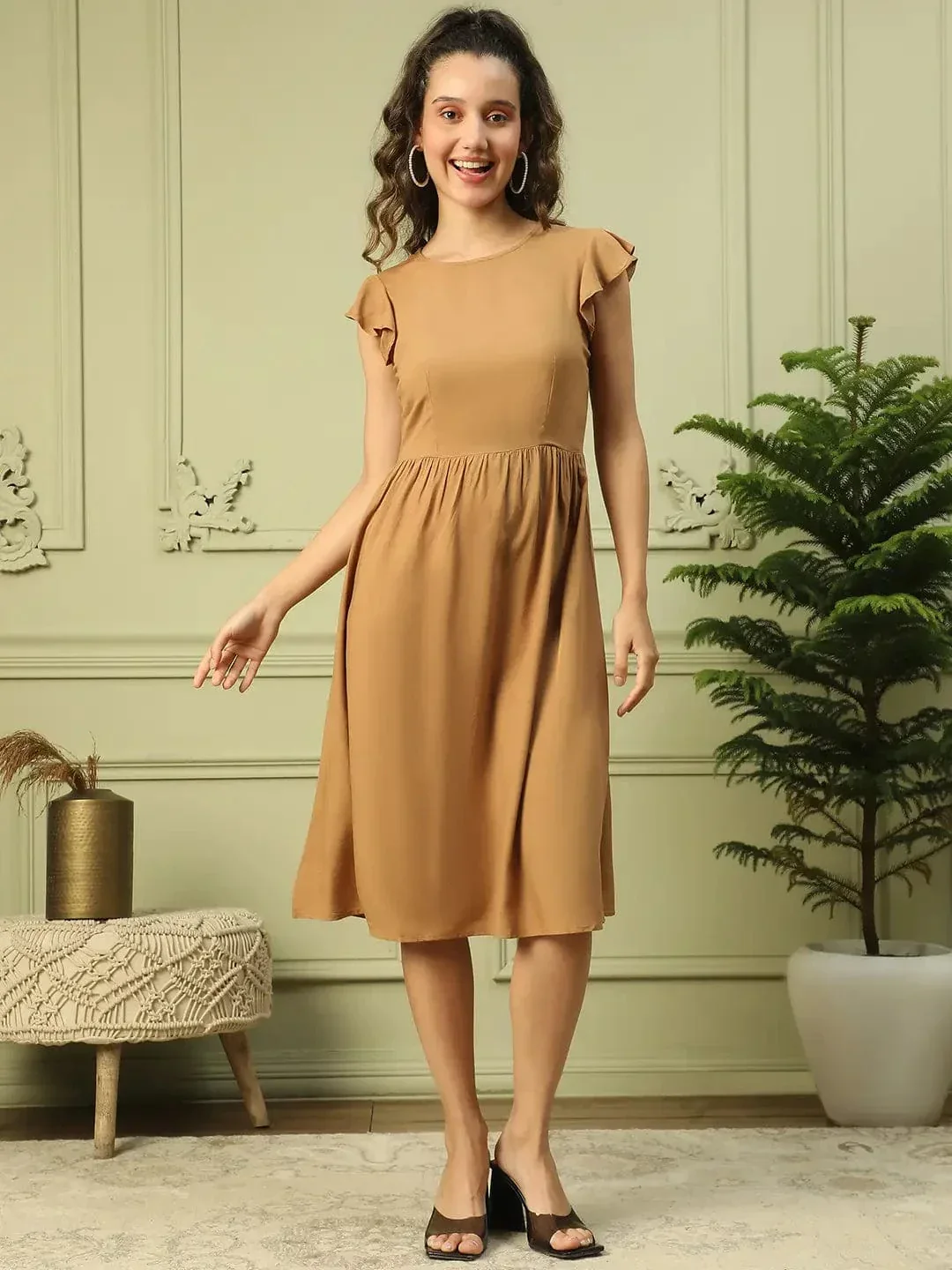 Boho Brown Short Sleeve Below Knee Length Women Dress - Image 2