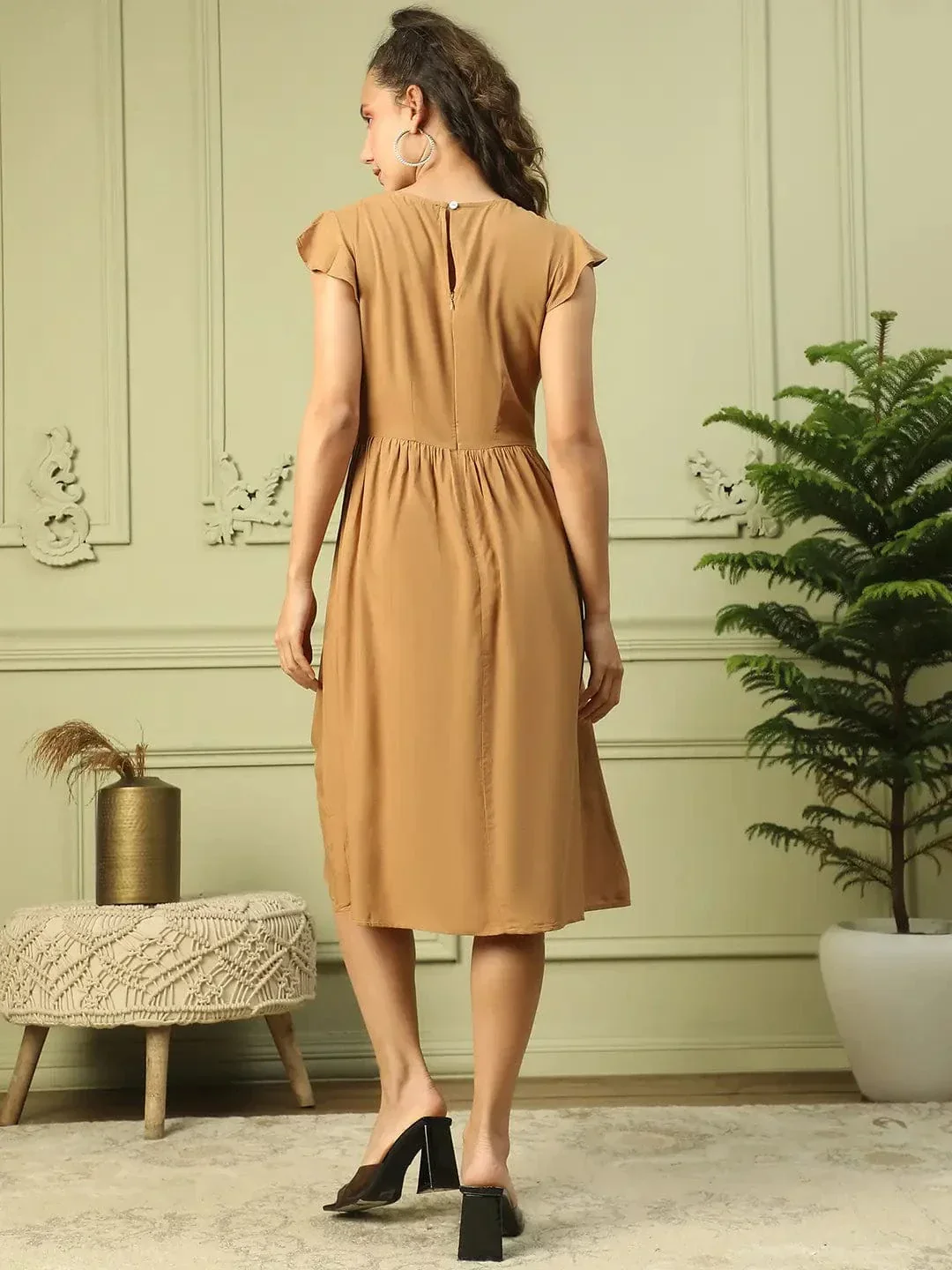 Boho Brown Short Sleeve Below Knee Length Women Dress - Image 6