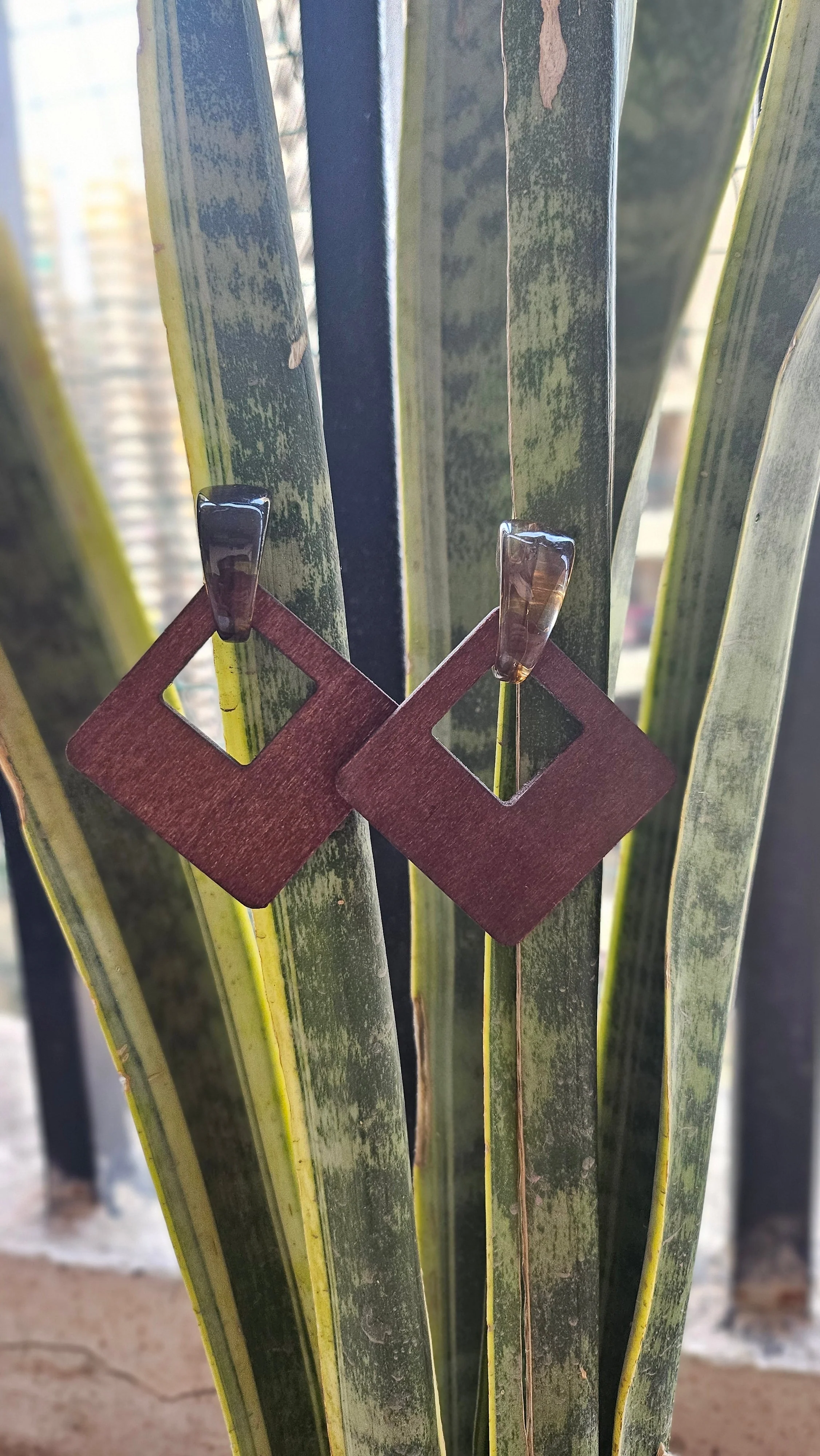 Boho Square Shaped Wood Drop Earrings - Image 2