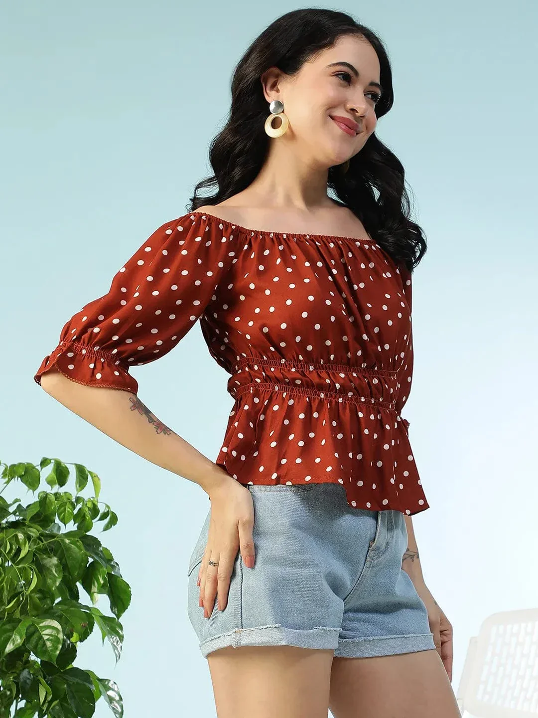 Bold Brwon Polka Dot Print Smocked Off-Shoulder Women Peplum Top - Image 4