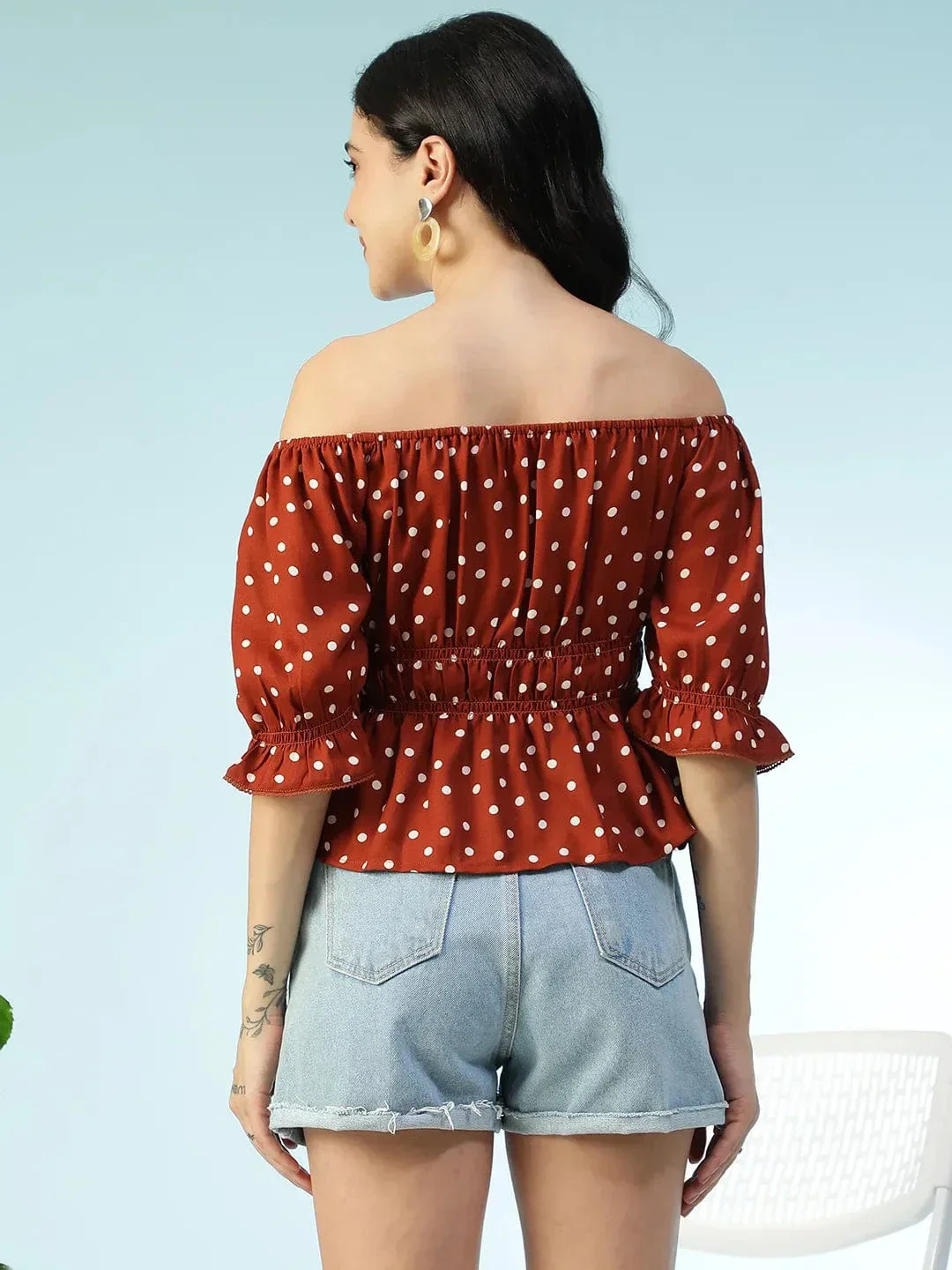 Bold Brwon Polka Dot Print Smocked Off-Shoulder Women Peplum Top - Image 5