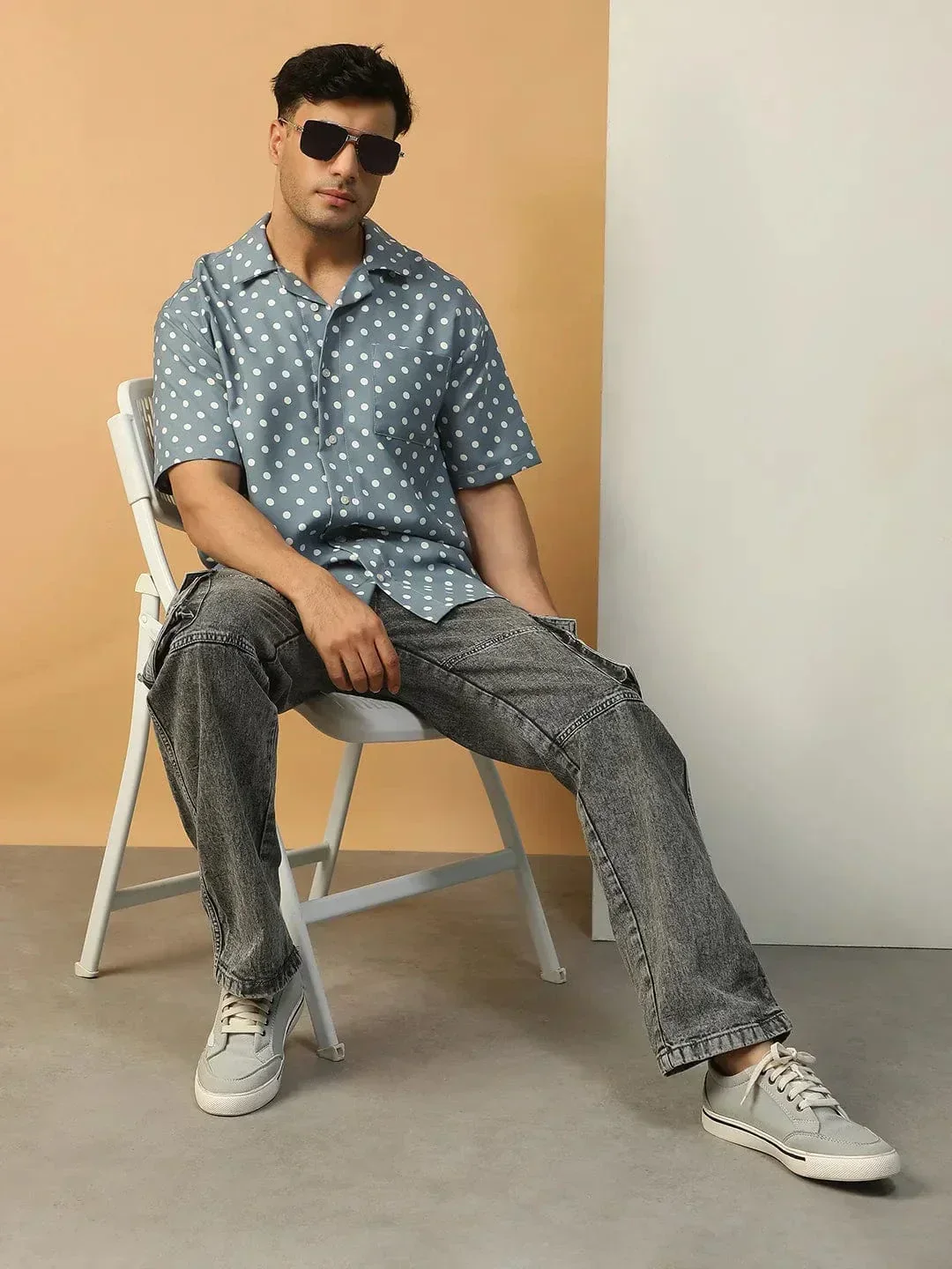 Boss Blue Polka Dot Print Lapel Collar Short Sleeve Men Oversized Shirt - Image 2