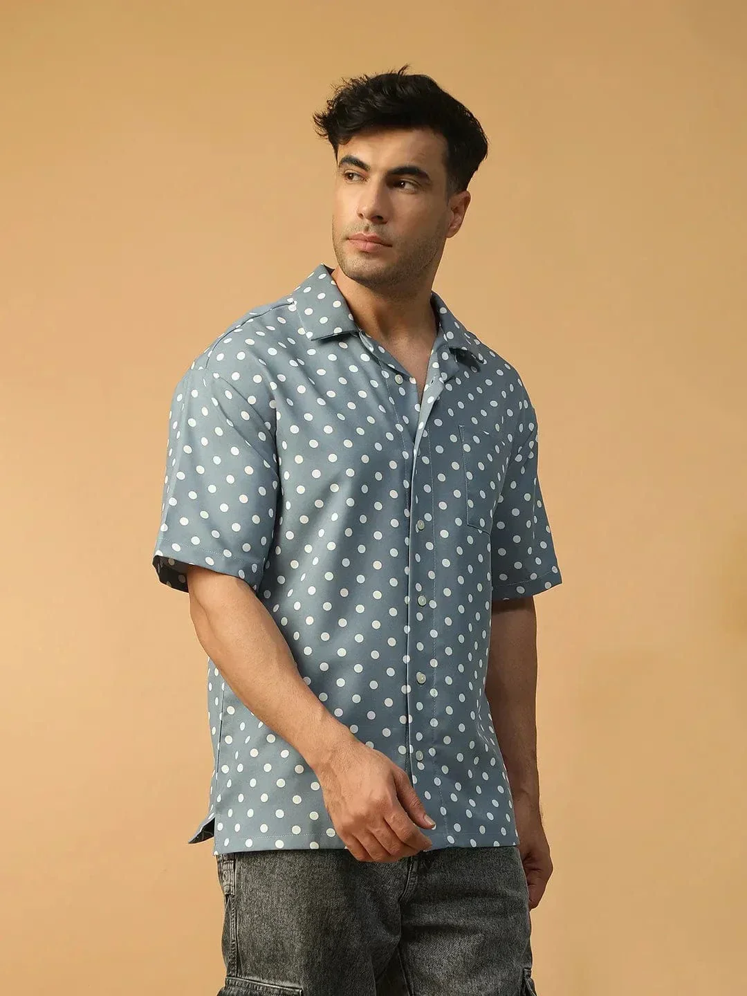 Boss Blue Polka Dot Print Lapel Collar Short Sleeve Men Oversized Shirt - Image 4