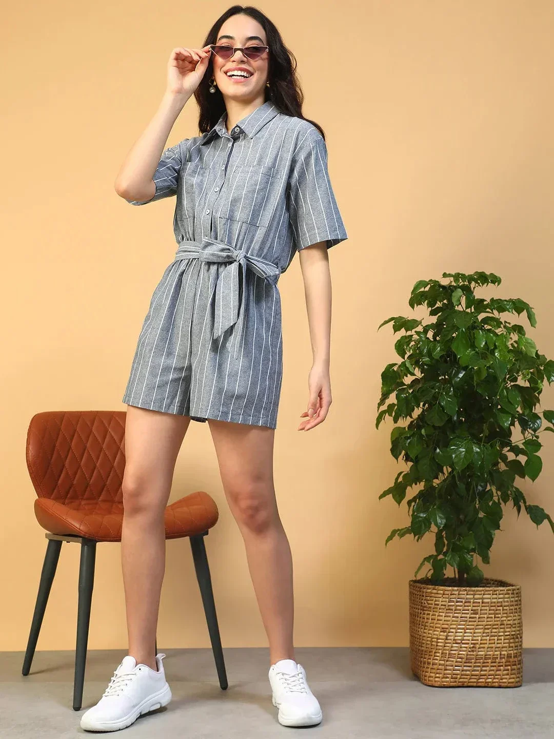Boss Blue Stripe Print Elasticated With Tie-Up Belt Button Down Women Cotton Playsuit - Image 2