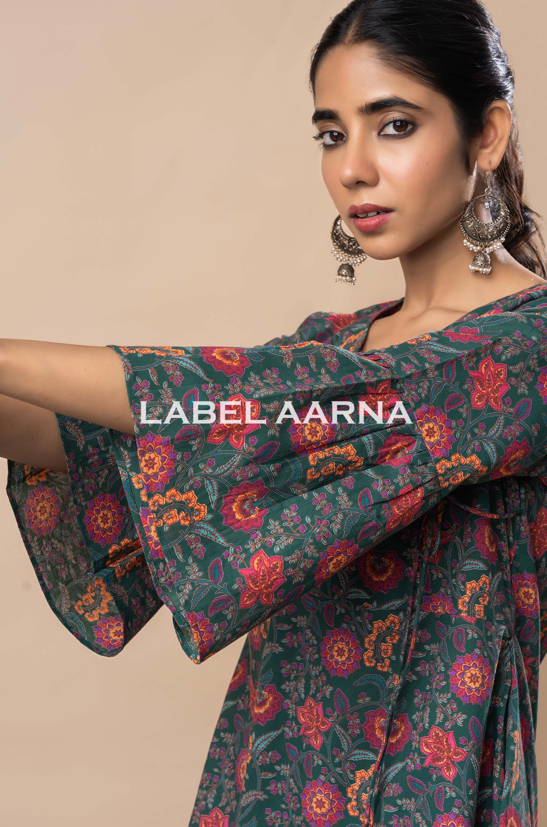 Bottle Green Pure Cotton Floral Printed Angrakha Co-Ord Set - Image 4