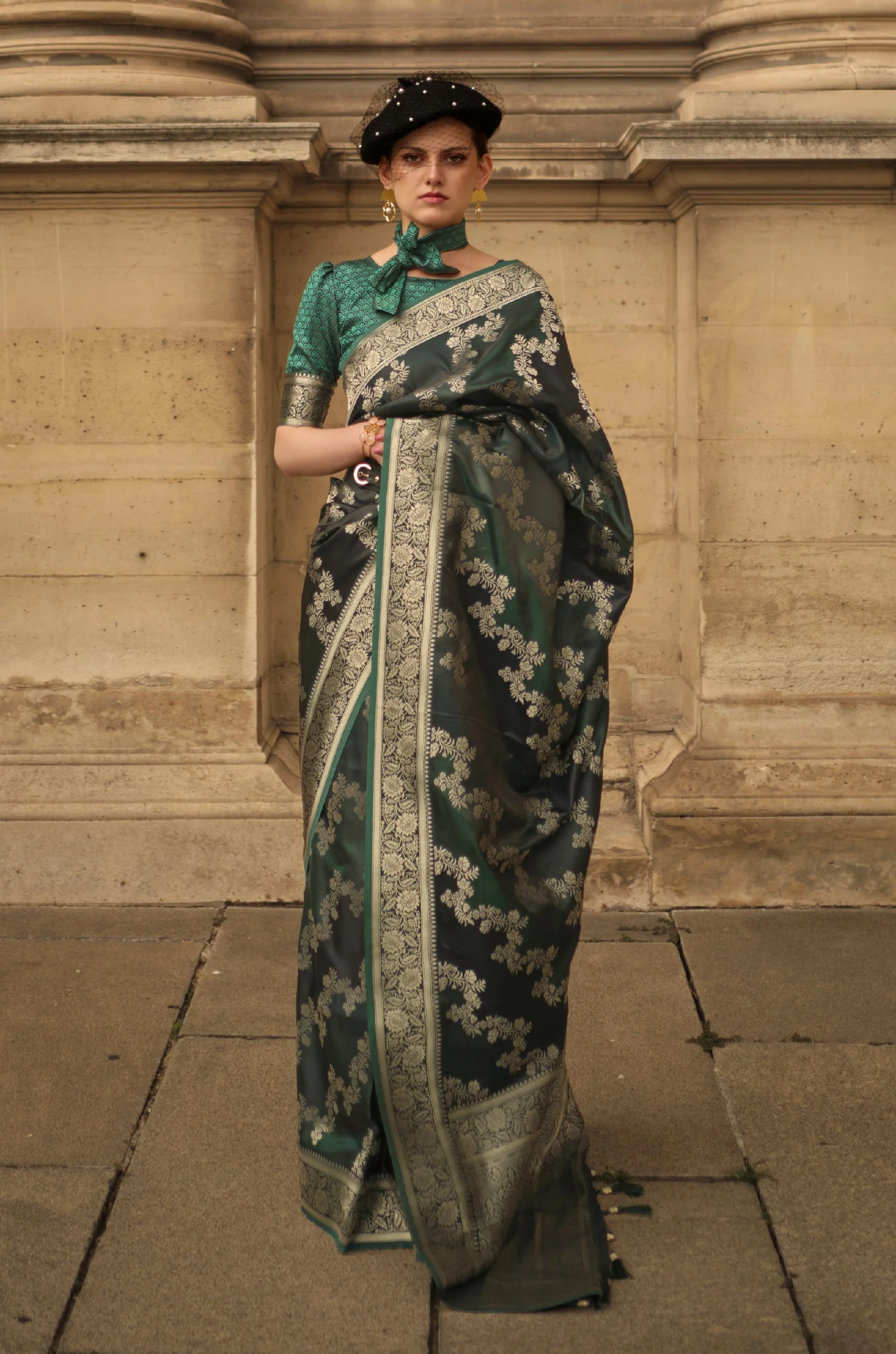 Bottle Green Rangkat Woven Satin Silk Saree