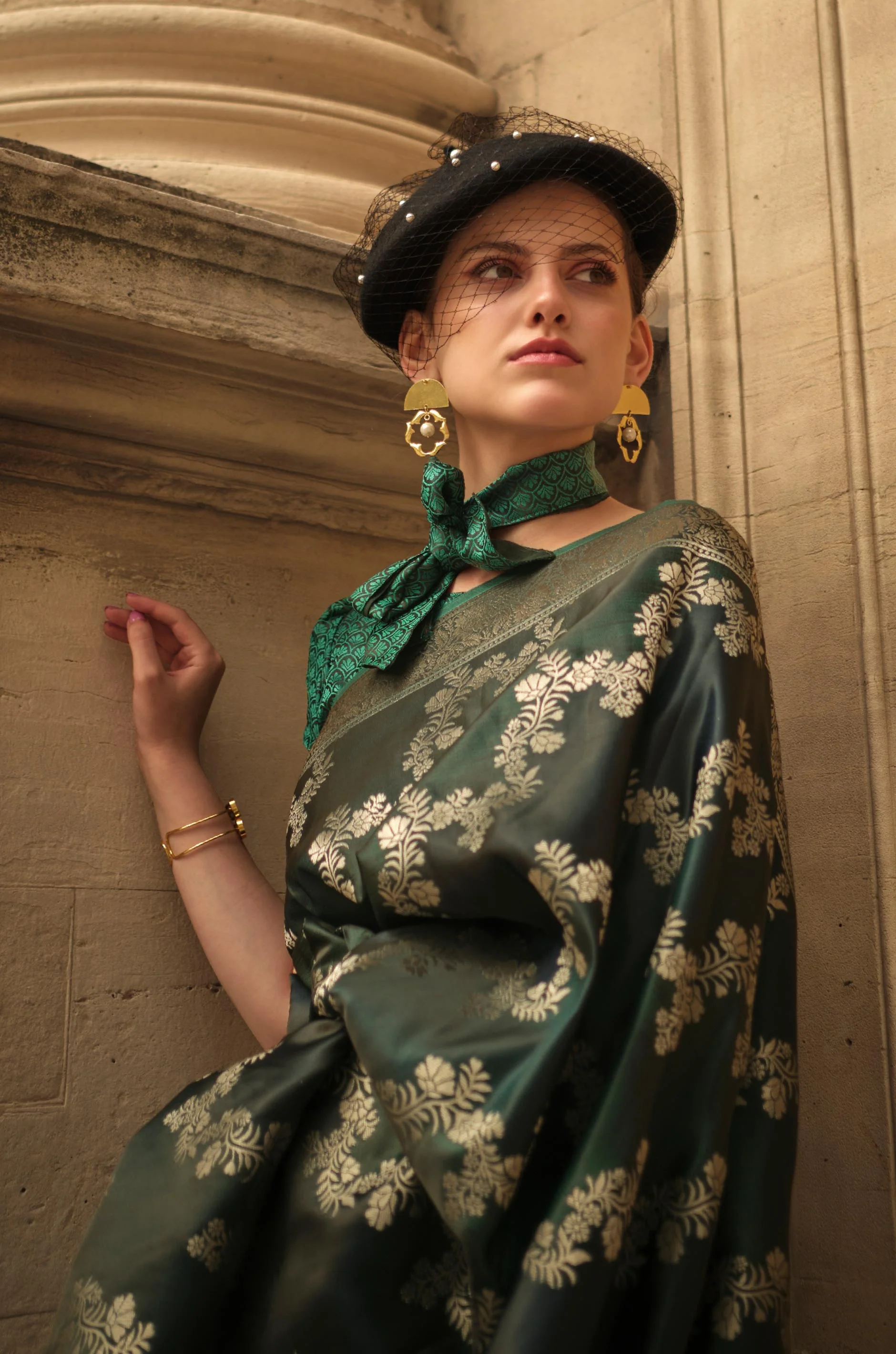Bottle Green Rangkat Woven Satin Silk Saree - Image 2