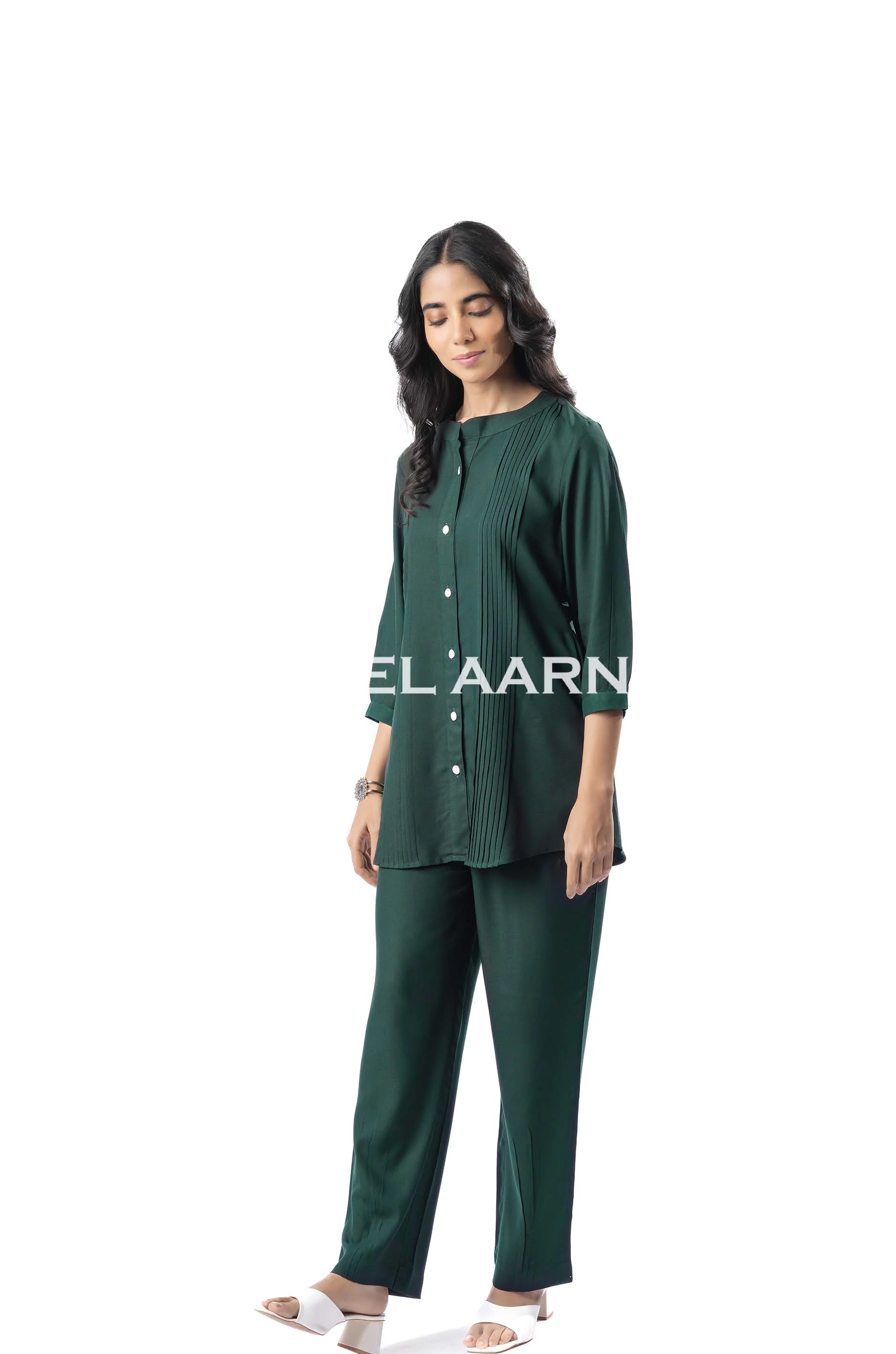 Bottle Green Viscose Rayon Pleated Band Collar Straight Fit Co-Ord Set