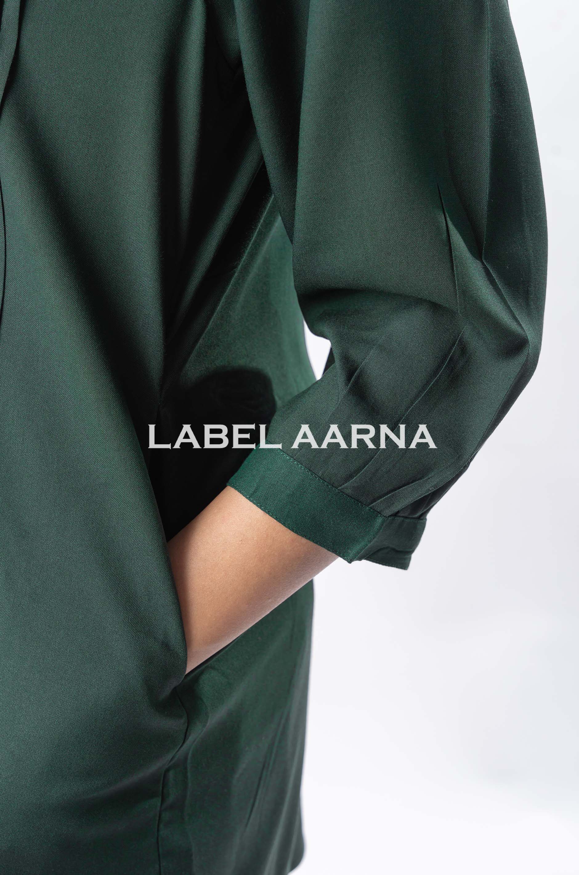 Bottle Green Viscose Rayon Pleated Band Collar Straight Fit Co-Ord Set - Image 4