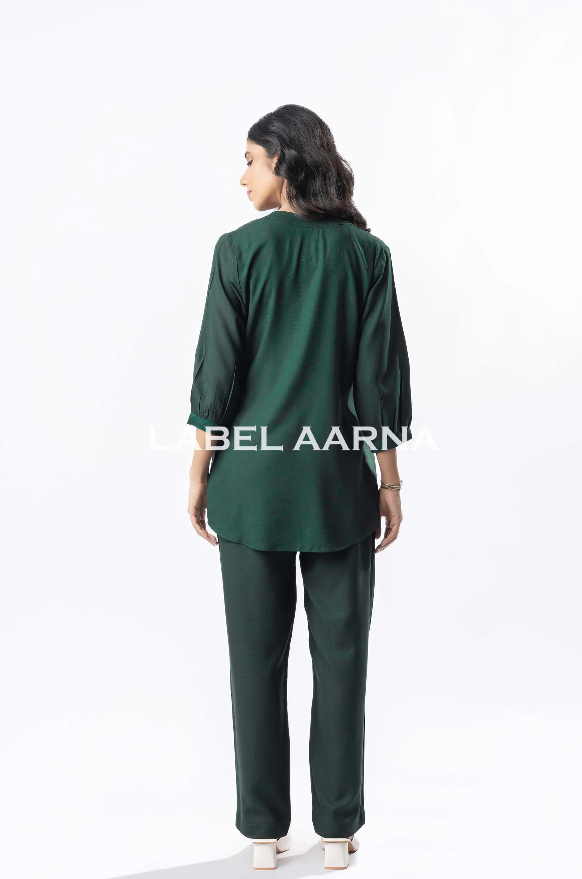 Bottle Green Viscose Rayon Pleated Band Collar Straight Fit Co-Ord Set - Image 5