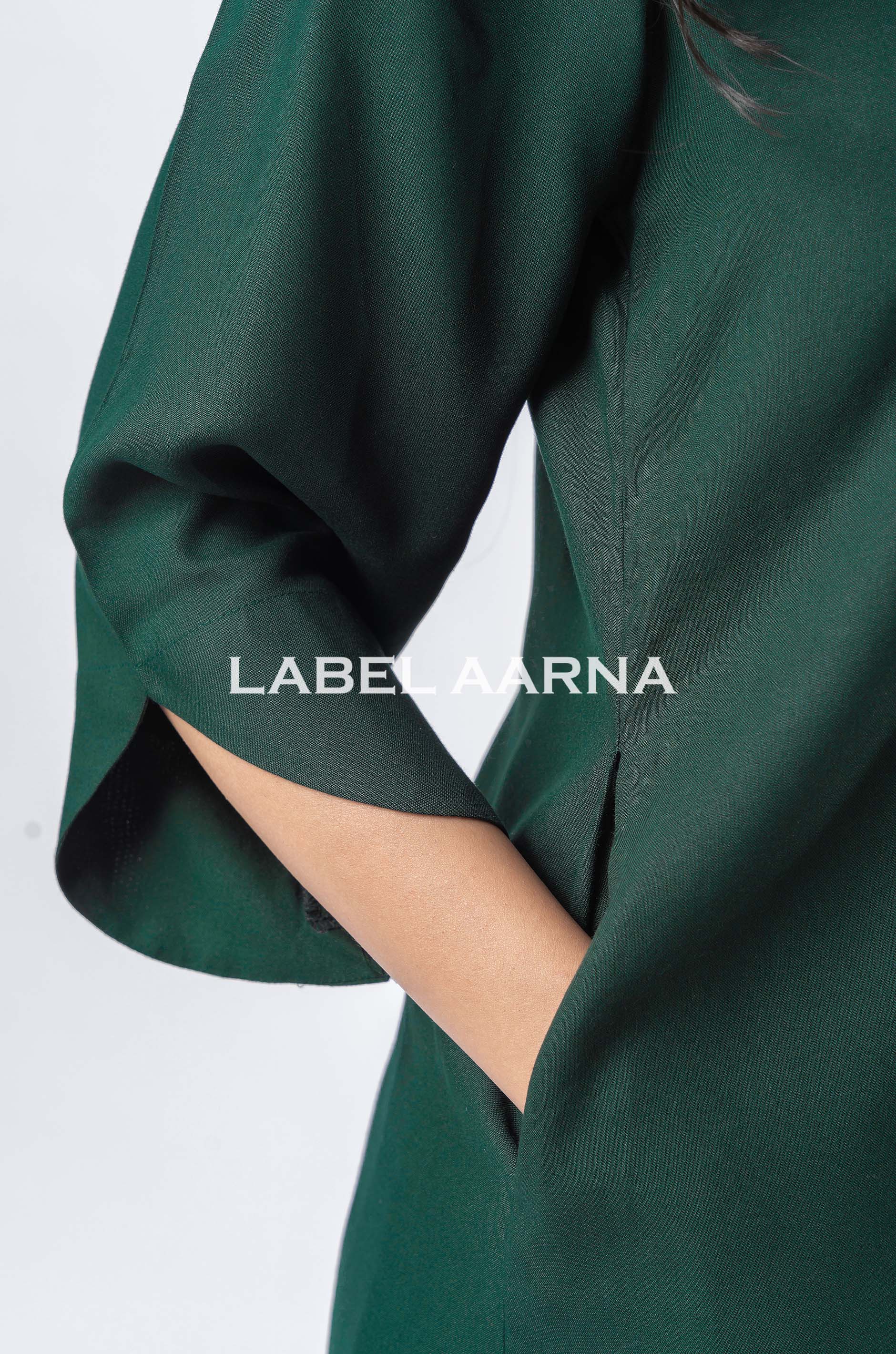 Bottle Green Viscose Rayon Shawl Collar Curved Sleeves Co-Ord Set - Image 5