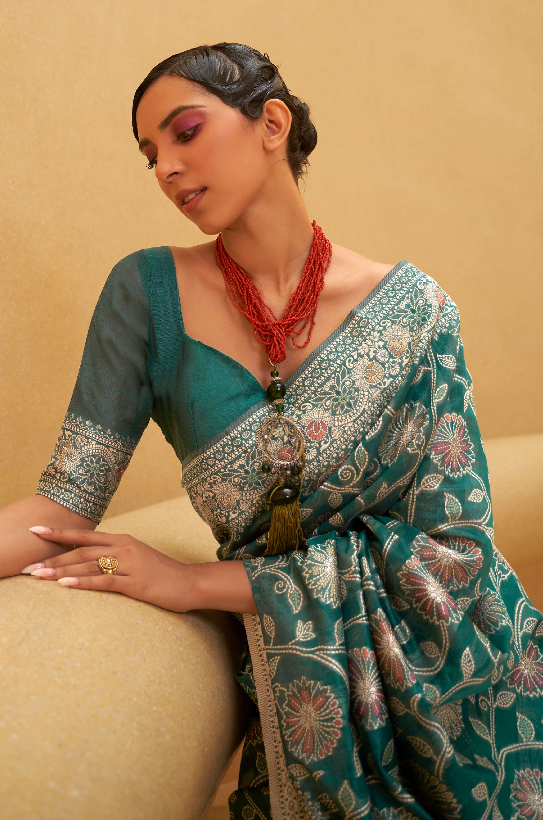 Bottle Green Woven Chikankari Lucknowi Saree - Image 5