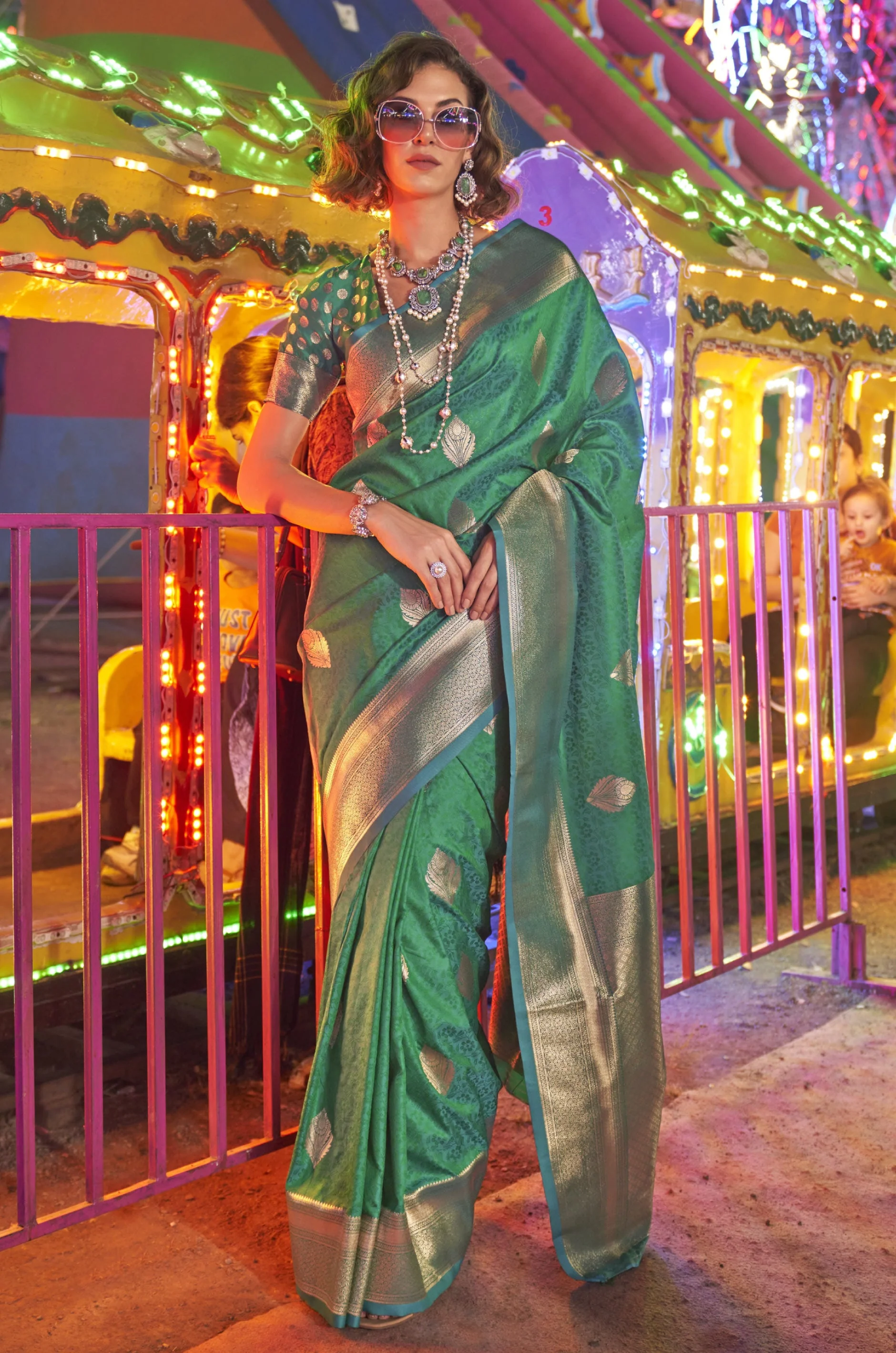 Bottle Green Woven Silk Saree