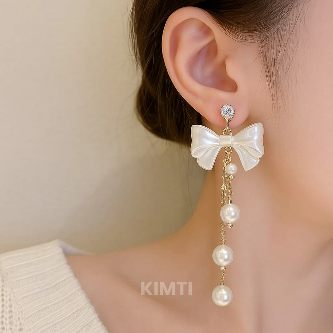 Bow Drop White Dangler  Earring - Image 2