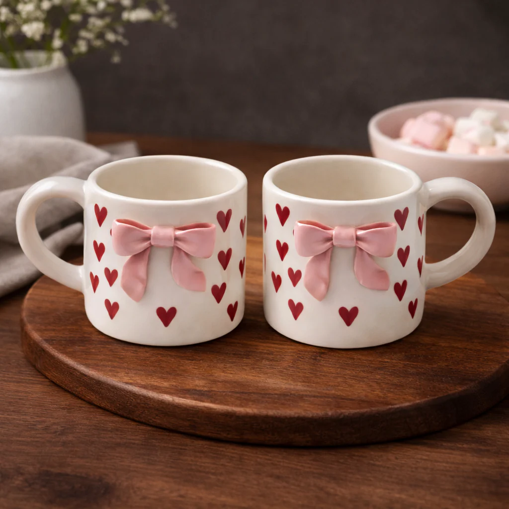 Bow & Heart Coffee Mugs | Set of 2