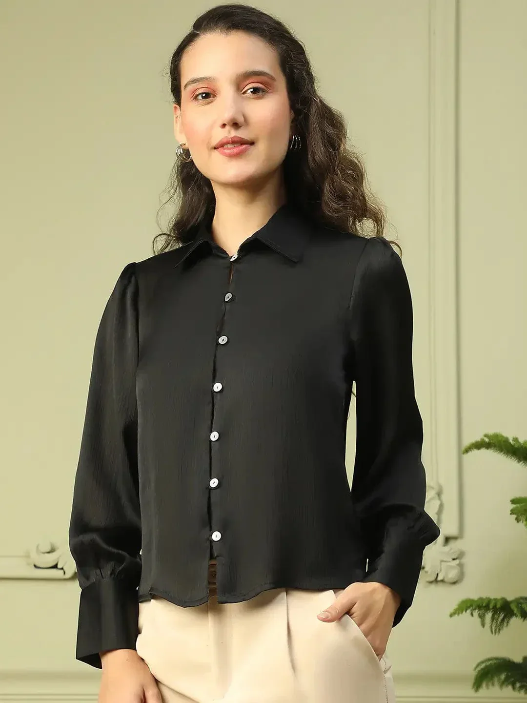 Brandish Solid Black Collared Long Sleeve Button Down Women Satin Shirt - Image 3