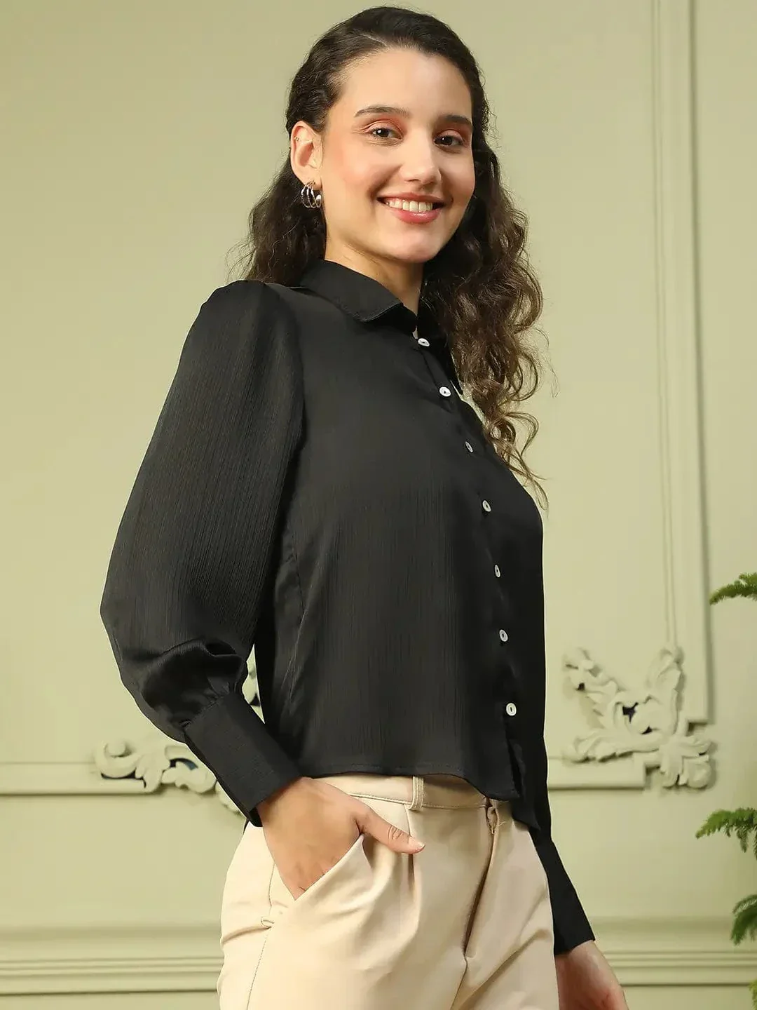 Brandish Solid Black Collared Long Sleeve Button Down Women Satin Shirt - Image 4