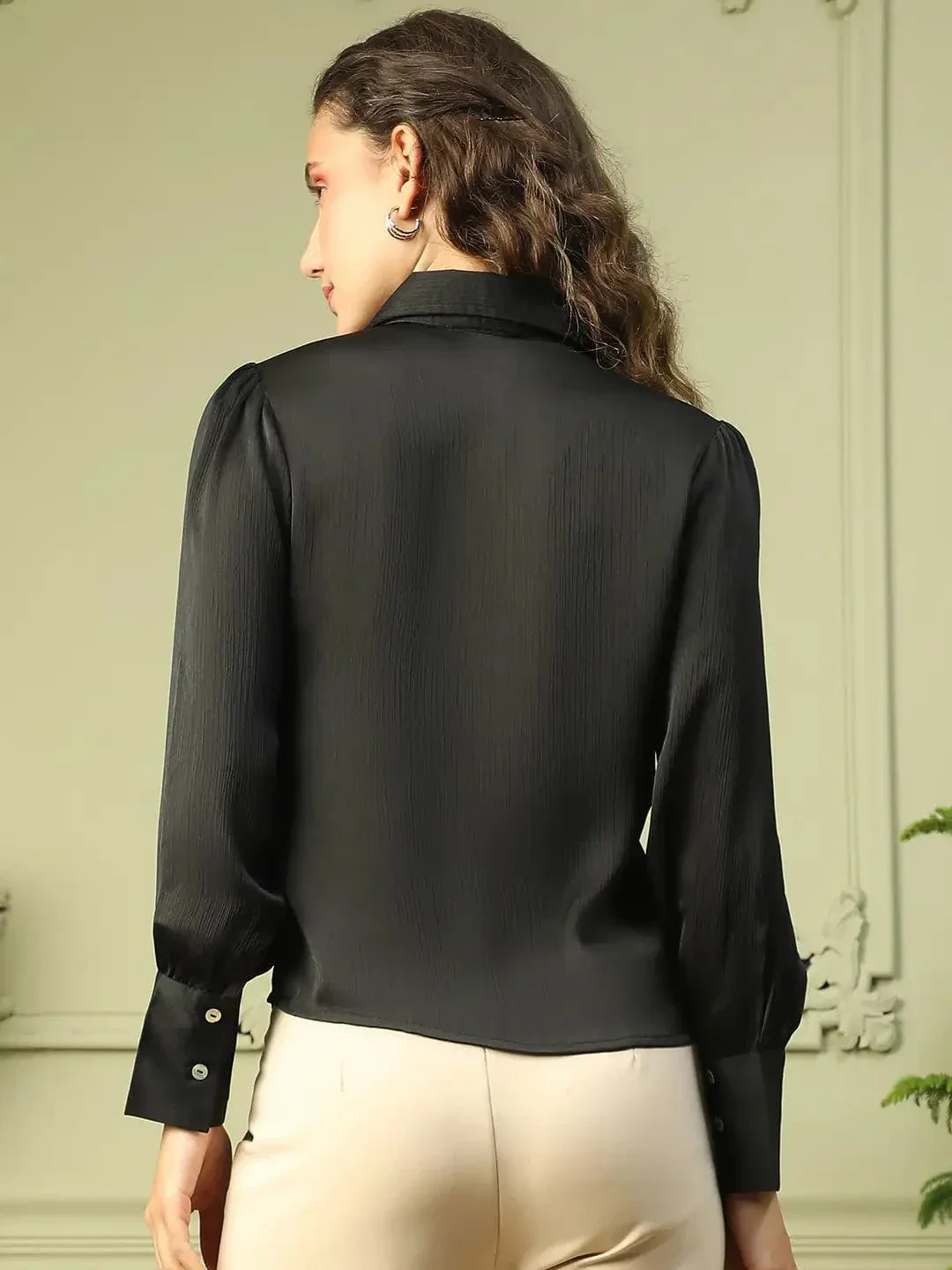 Brandish Solid Black Collared Long Sleeve Button Down Women Satin Shirt - Image 5