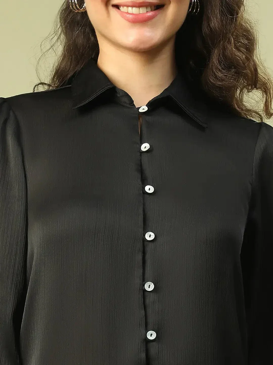 Brandish Solid Black Collared Long Sleeve Button Down Women Satin Shirt - Image 6