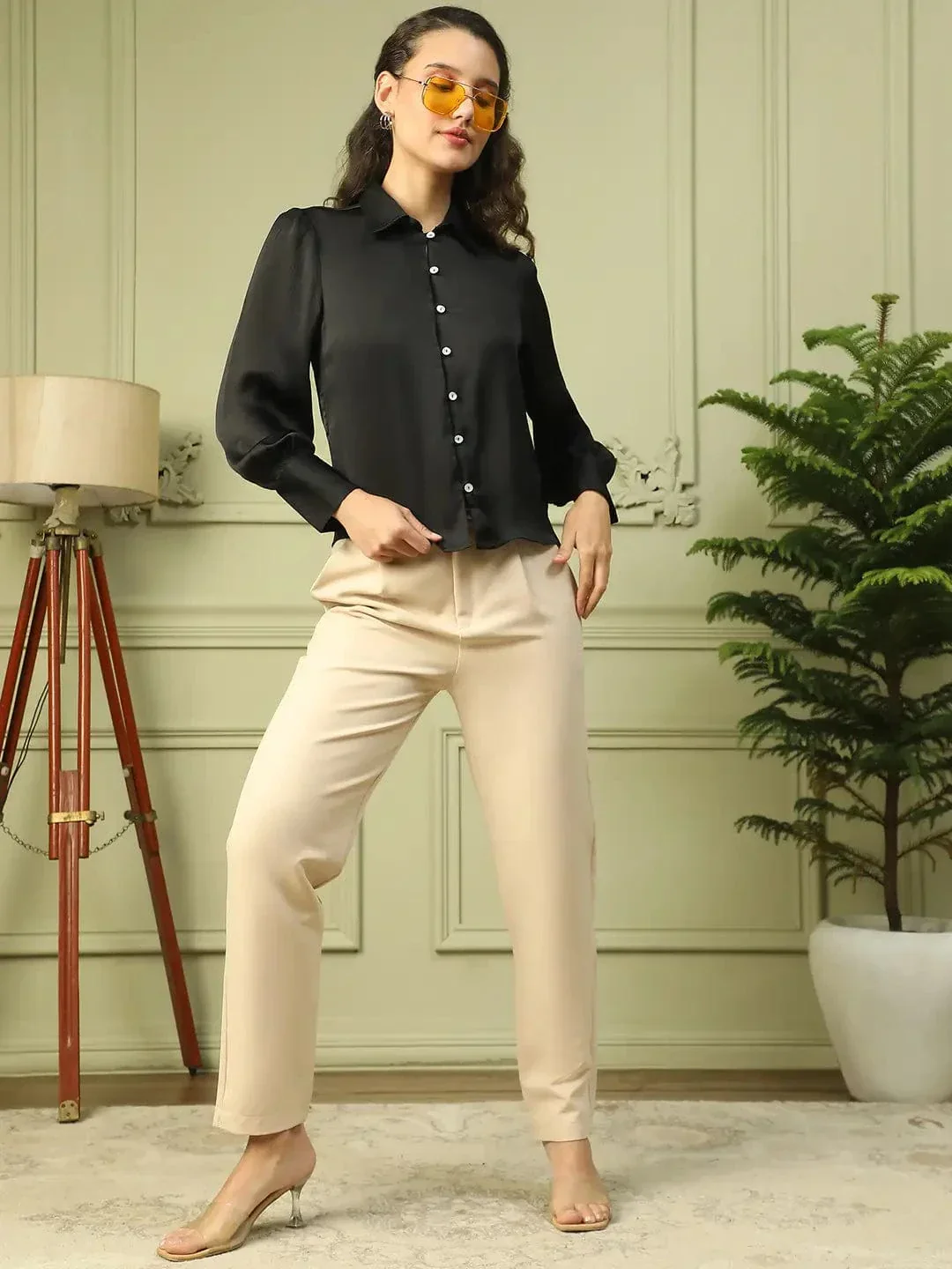 Brandish Solid Black Collared Long Sleeve Button Down Women Satin Shirt - Image 8