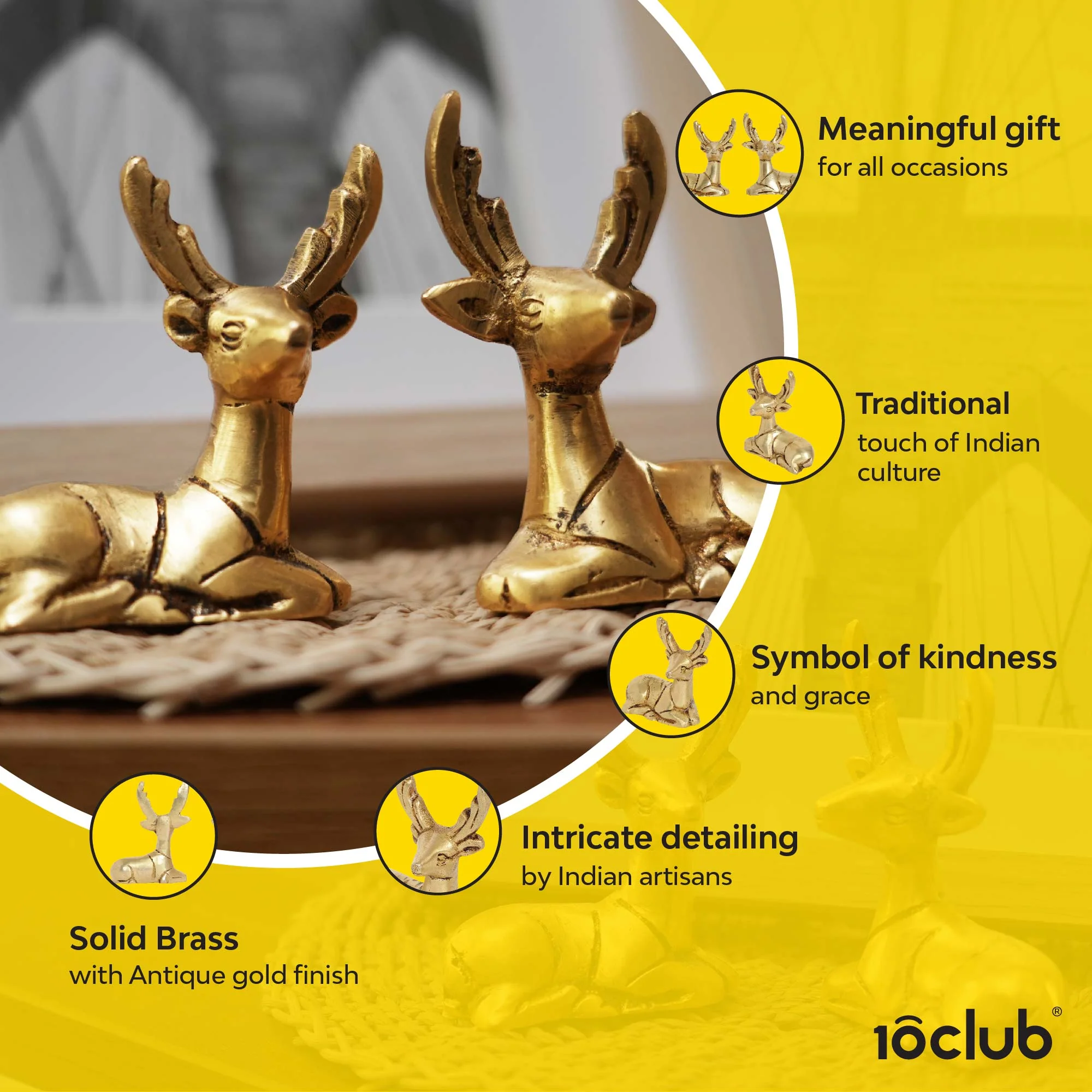 Brass Deer Figurines | Set Of 2 | 100% Pure Brass | Yellow Antique Finish - Image 4