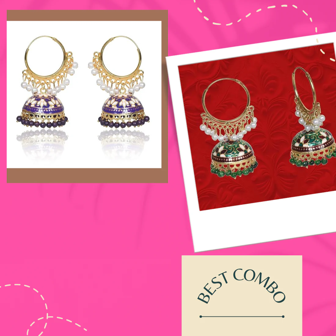 Brass Gold Plated Chandbali Earrings For Women, Combo Jhumki Earrings With Pearls Beads (Dark Green & Purple) - Image 2
