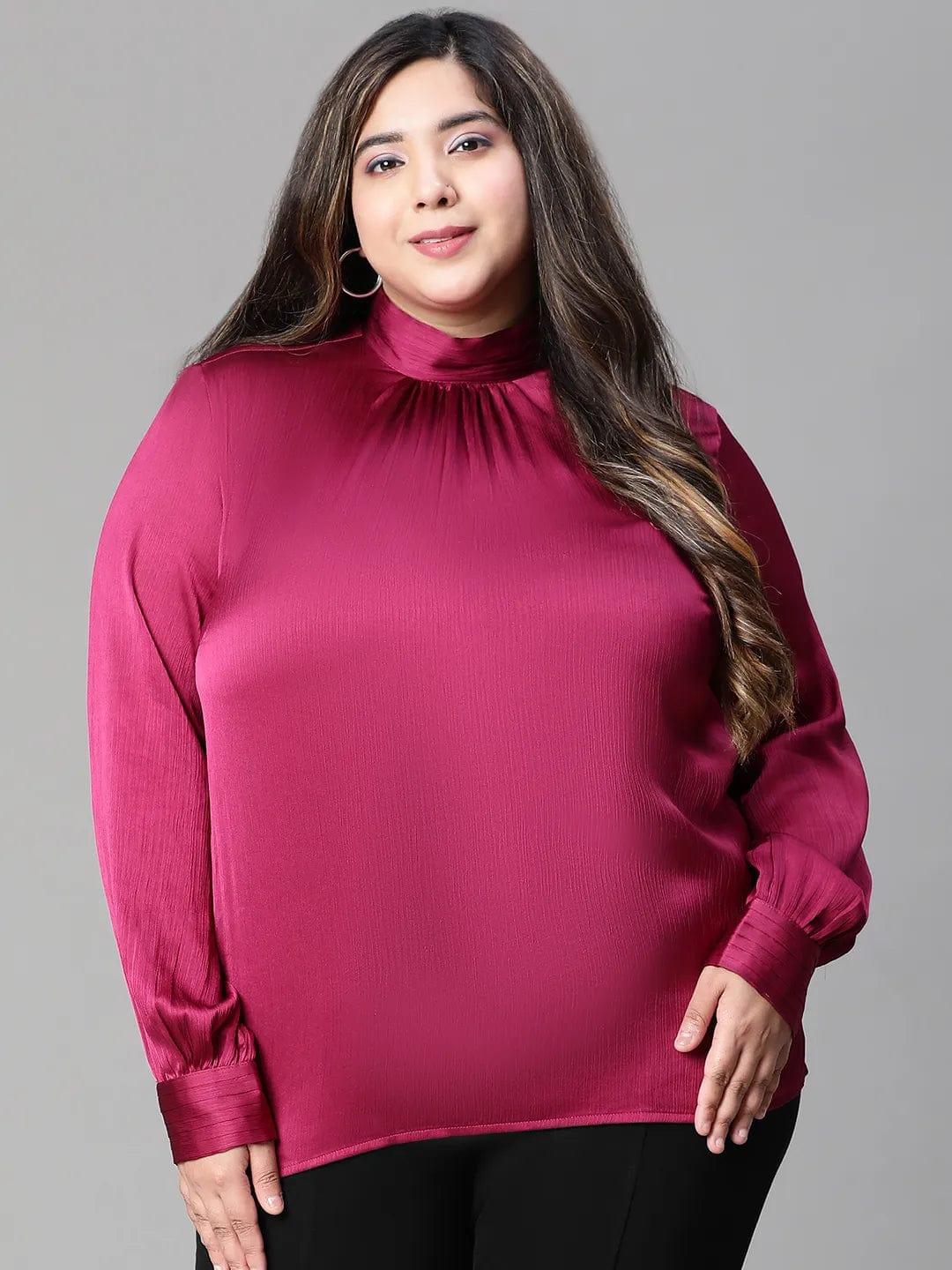 Bravo maroon long sleeve plus size women satin Loopy Top