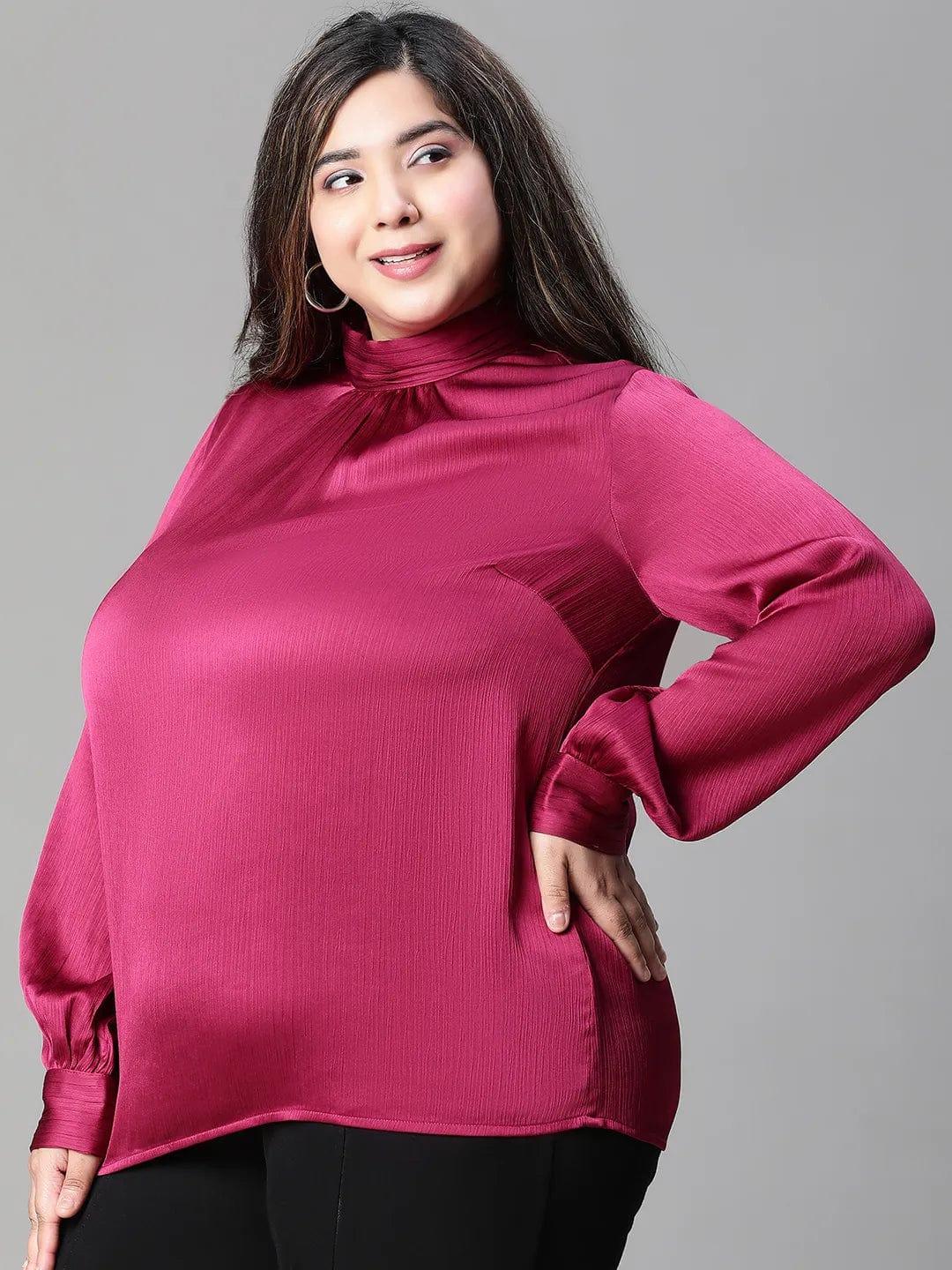 Bravo maroon long sleeve plus size women satin Loopy Top - Image 3
