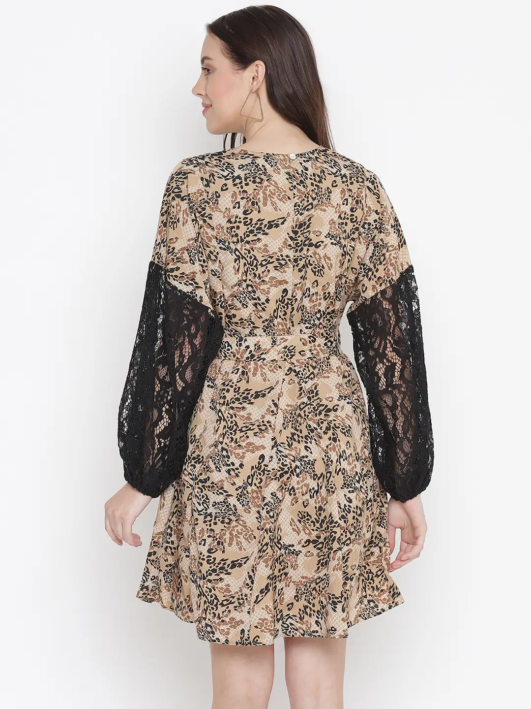 Brick Brown Floral Printed Sleeve Lace Fabric Women Dress - Image 5