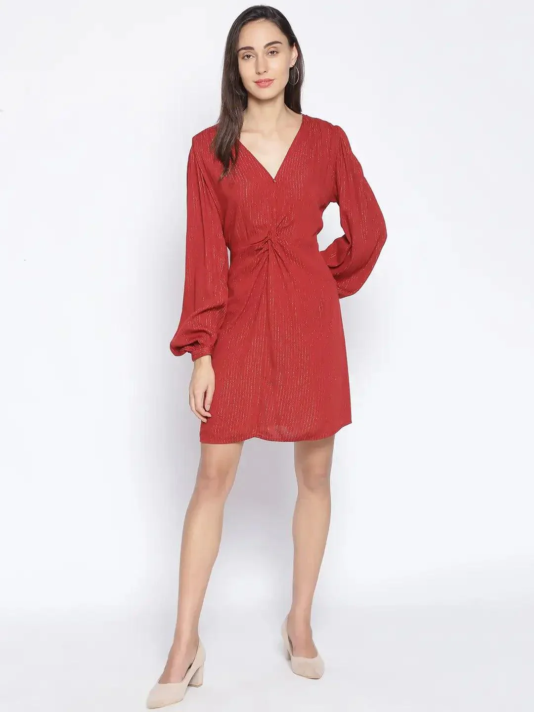 Brick Red Tailored Lurex Stripe Dress For Special Occasion Women Dress - Image 2